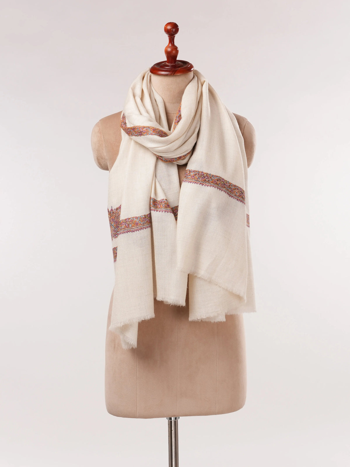 Natural White Pashmina Shawl with Classic Hashia Embroidery Shahkaar.com