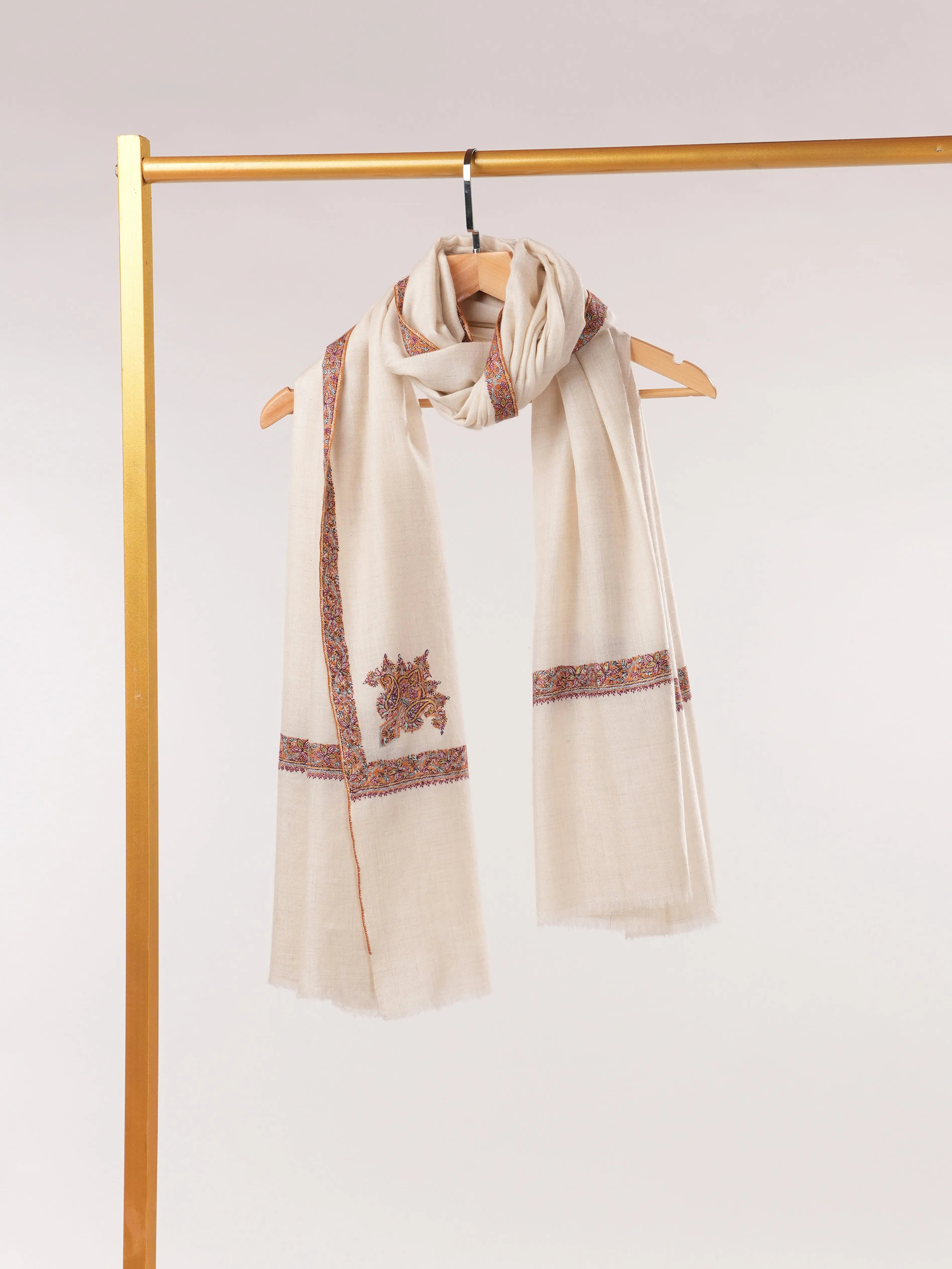 Natural White Pashmina Shawl with Classic Hashia Embroidery Shahkaar.com