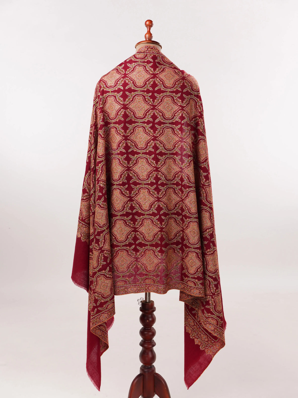 酒紅色手工刺繡 Jamawar 正品羊絨披肩