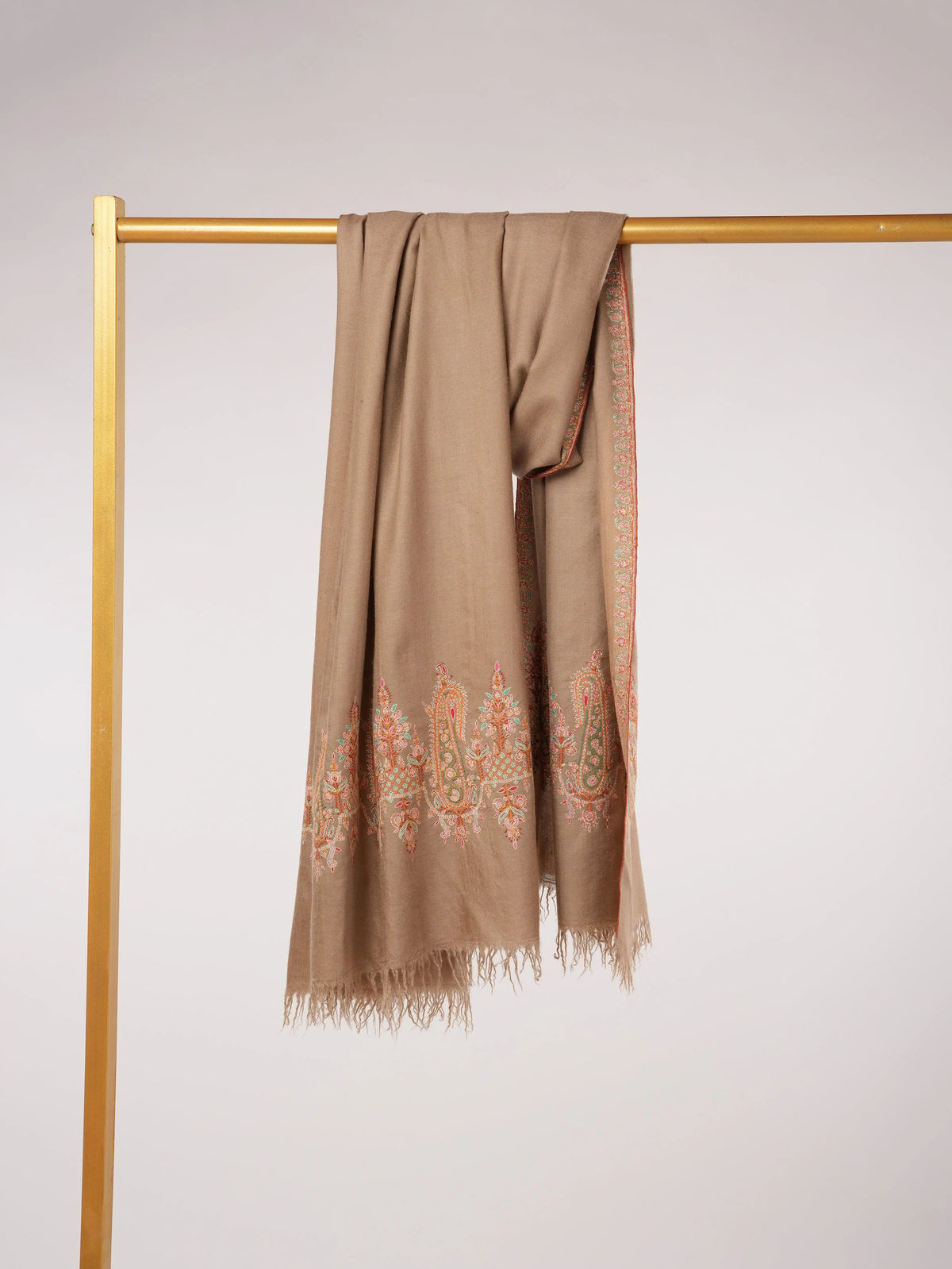 Kashmiri Shawl in Handwoven Beige Pashmina with Sozni Paisley Palldar Embroidery Shahkaar.com
