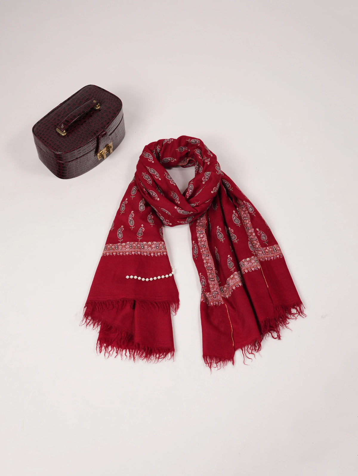 Maroon Pure Pashmina Shawl with Paisley Buteh Hand Sozni Embroidery Shahkaar.com