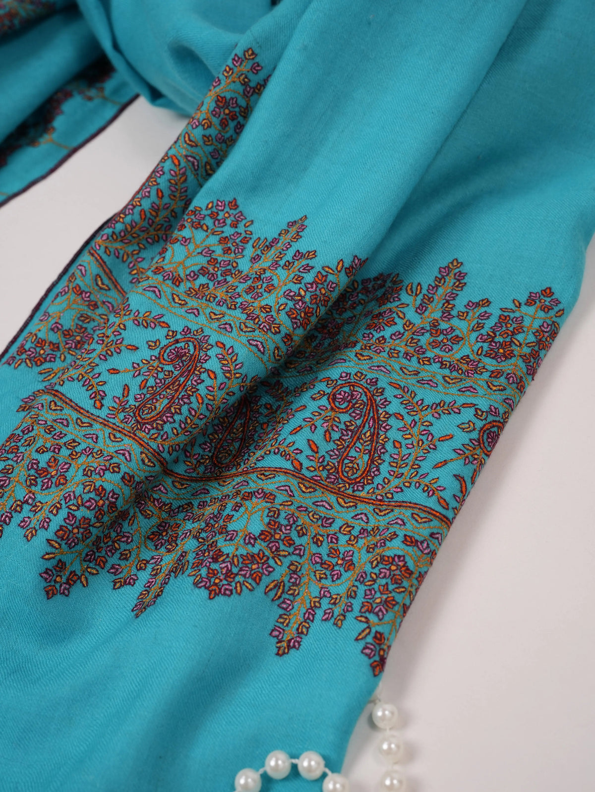 Turquoise Blue Handwoven Kashmiri Pashmina Shawl with Palldar Hand Sozni Embroidery Shahkaar.com