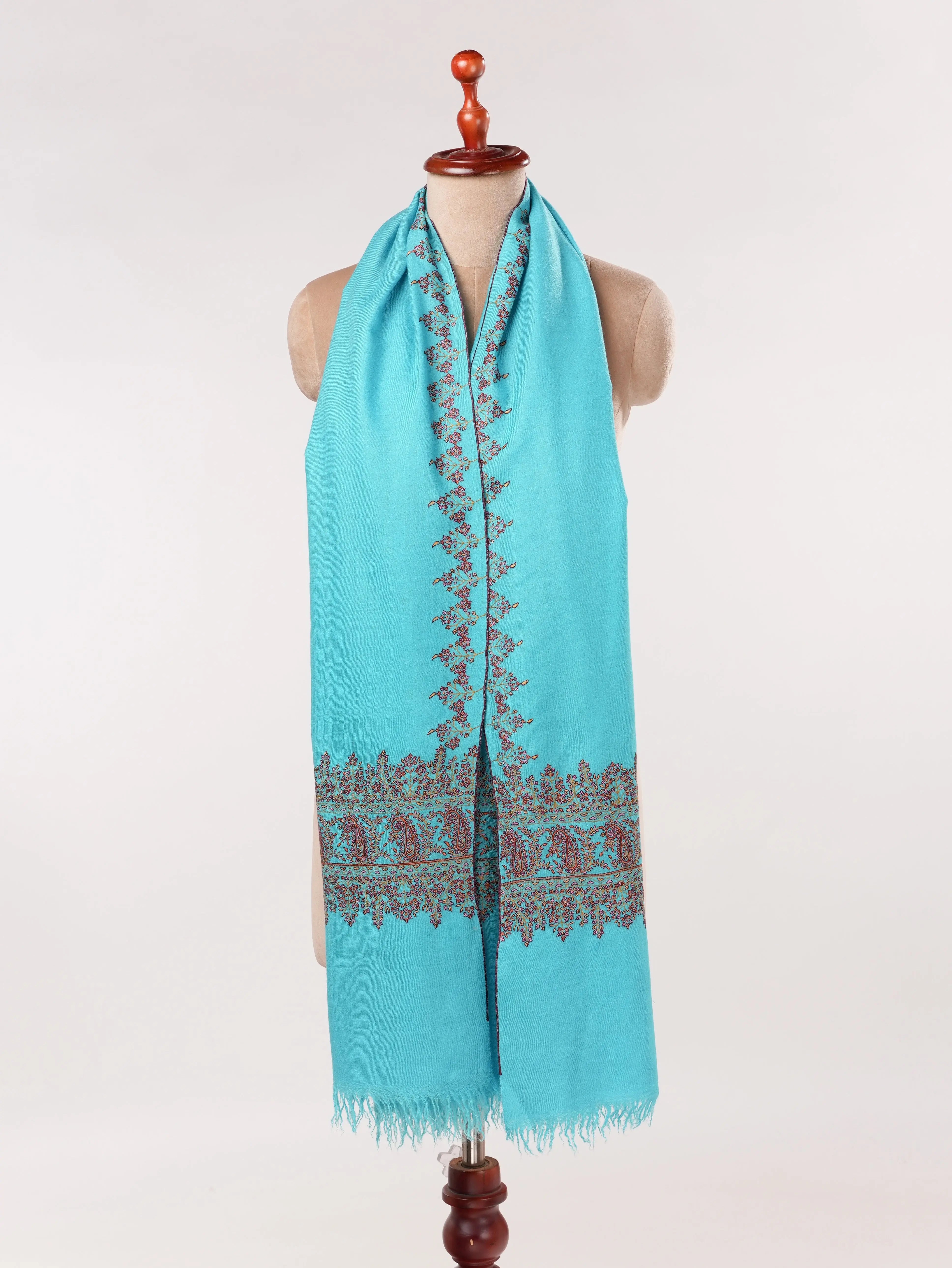 Turquoise Blue Handwoven Kashmiri Pashmina Shawl with Palldar Hand Sozni Embroidery Shahkaar.com