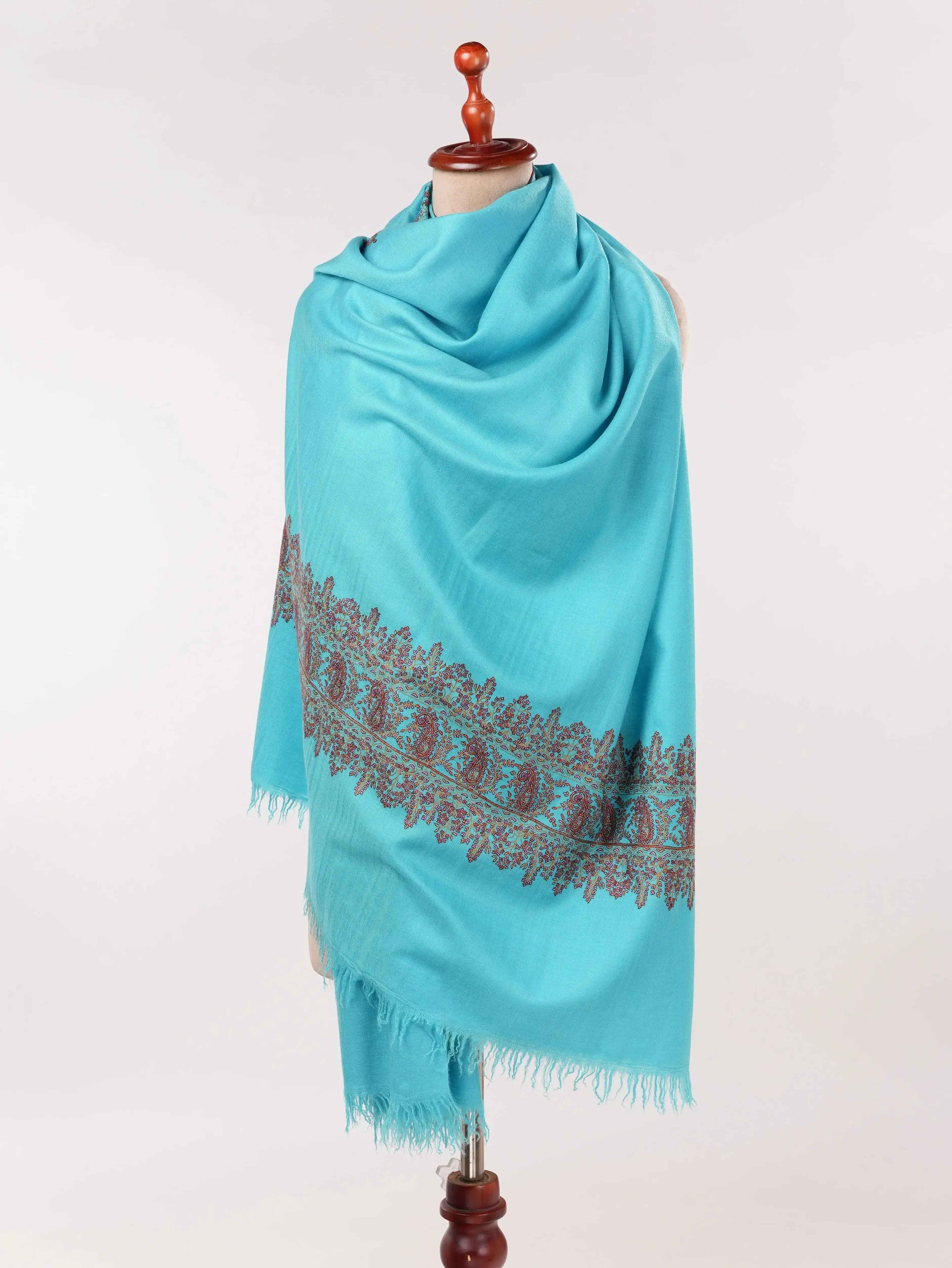 Turquoise Blue Handwoven Kashmiri Pashmina Shawl with Palldar Hand Sozni Embroidery Shahkaar.com