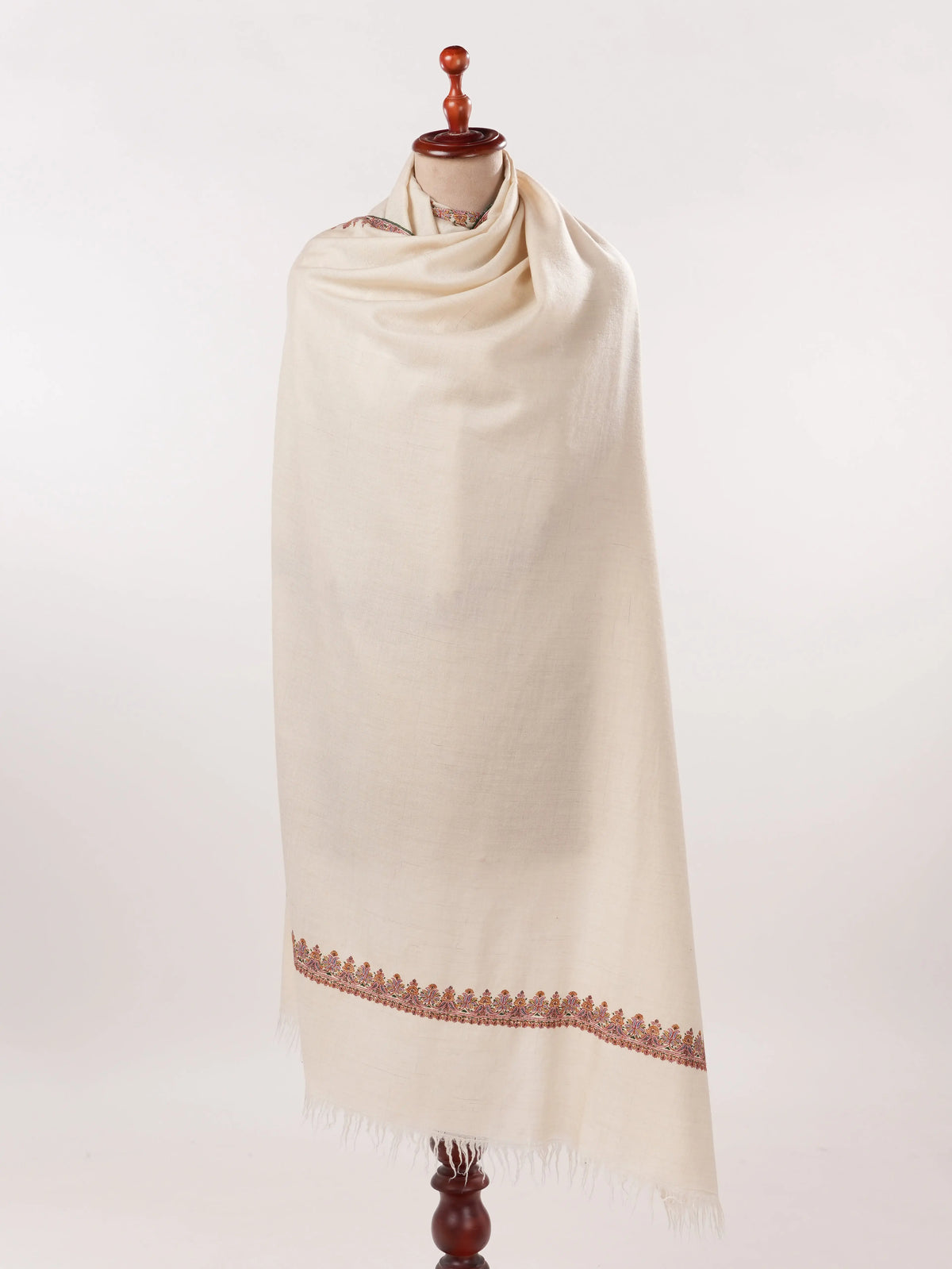 Natural White Pure Pashmina Shawl with Hashidar Sozni Embroidery Shahkaar.com