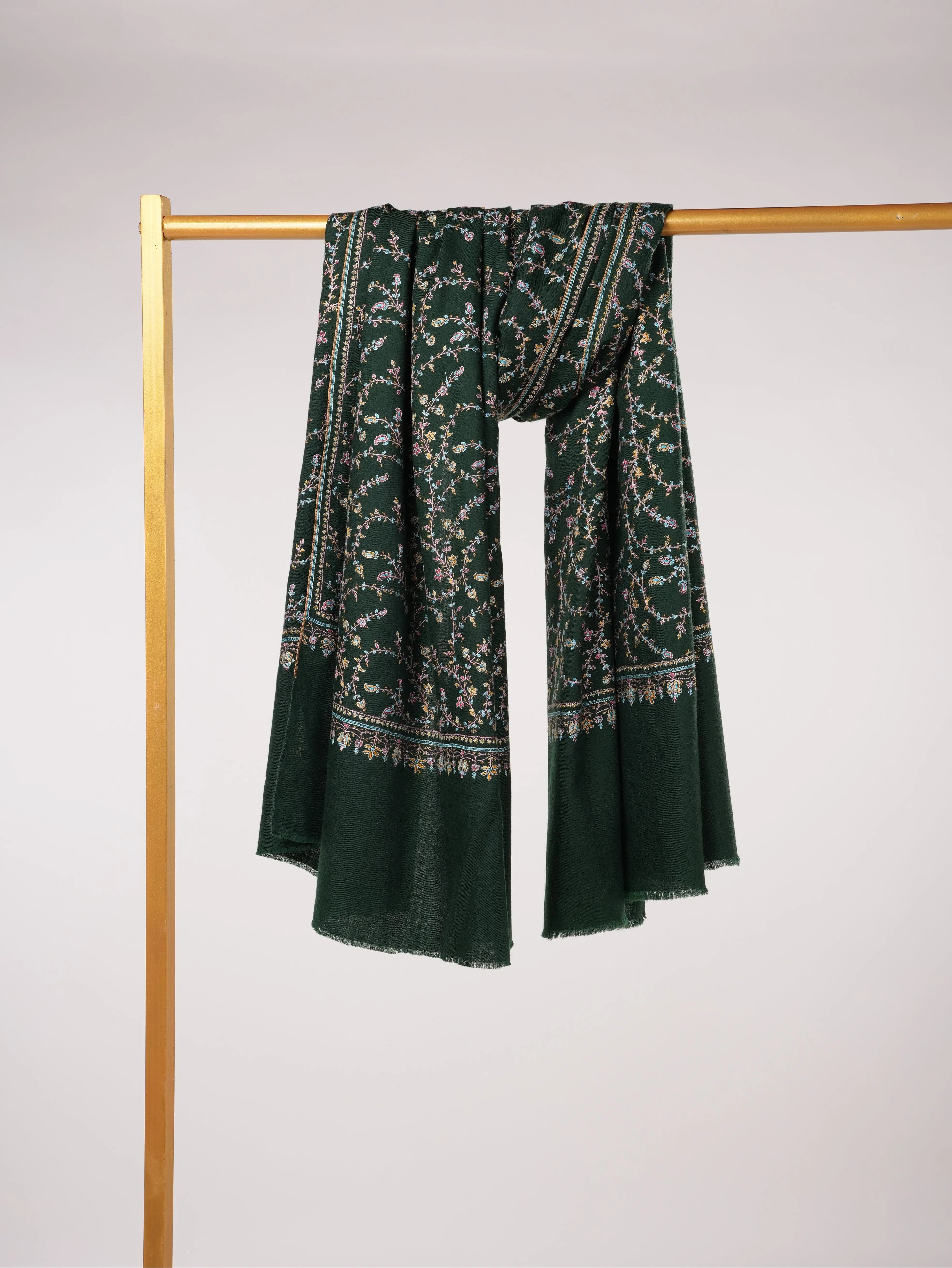 Forest Green Handwoven Kashmiri Jali Pashmina Shawl with Hand Sozni Embroidery Shahkaar.com