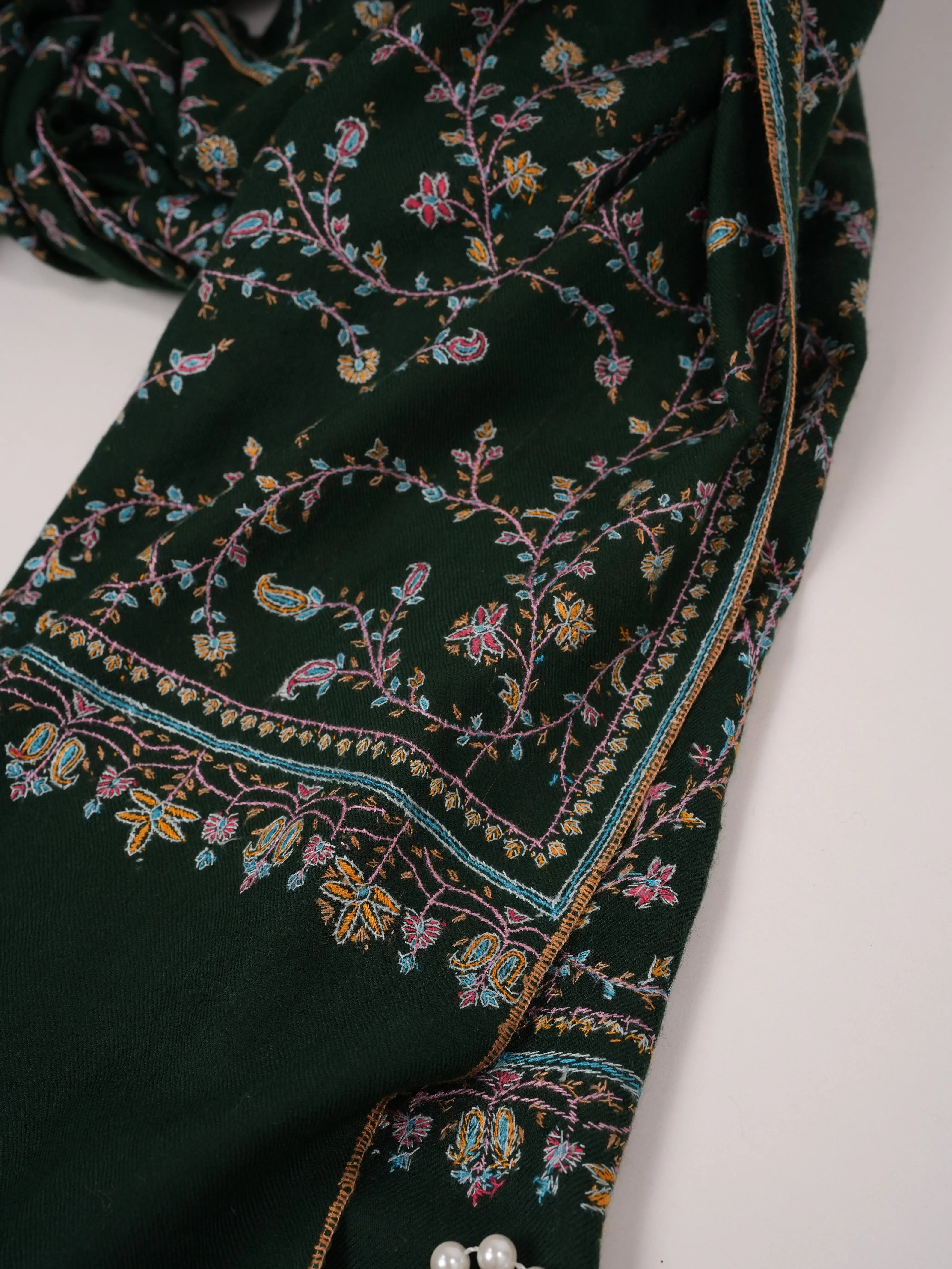 Forest Green Handwoven Kashmiri Jali Pashmina Shawl with Hand Sozni Embroidery Shahkaar.com