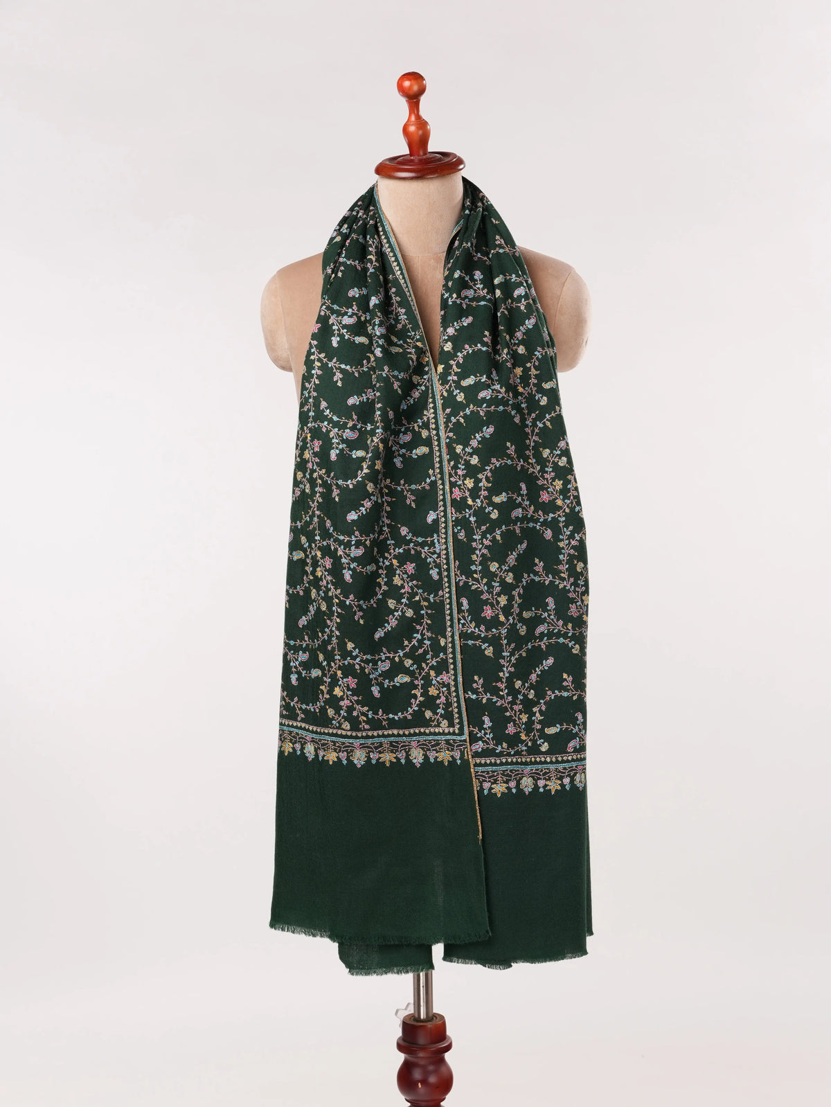 Forest Green Handwoven Kashmiri Jali Pashmina Shawl with Hand Sozni Embroidery Shahkaar.com