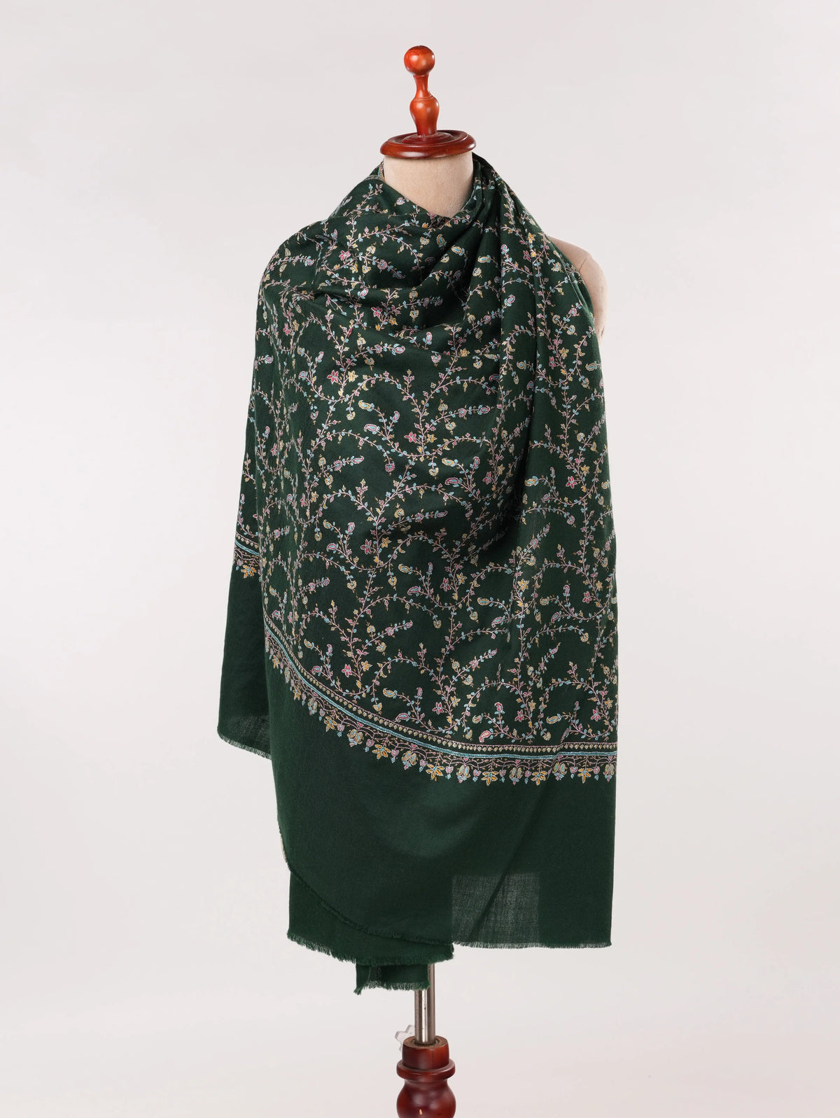 Forest Green Handwoven Kashmiri Jali Pashmina Shawl with Hand Sozni Embroidery Shahkaar.com