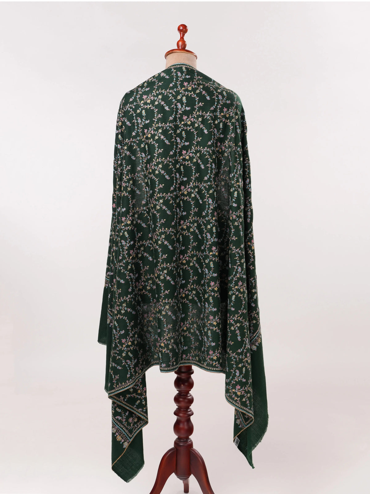 Forest Green Handwoven Kashmiri Jali Pashmina Shawl with Hand Sozni Embroidery Shahkaar.com