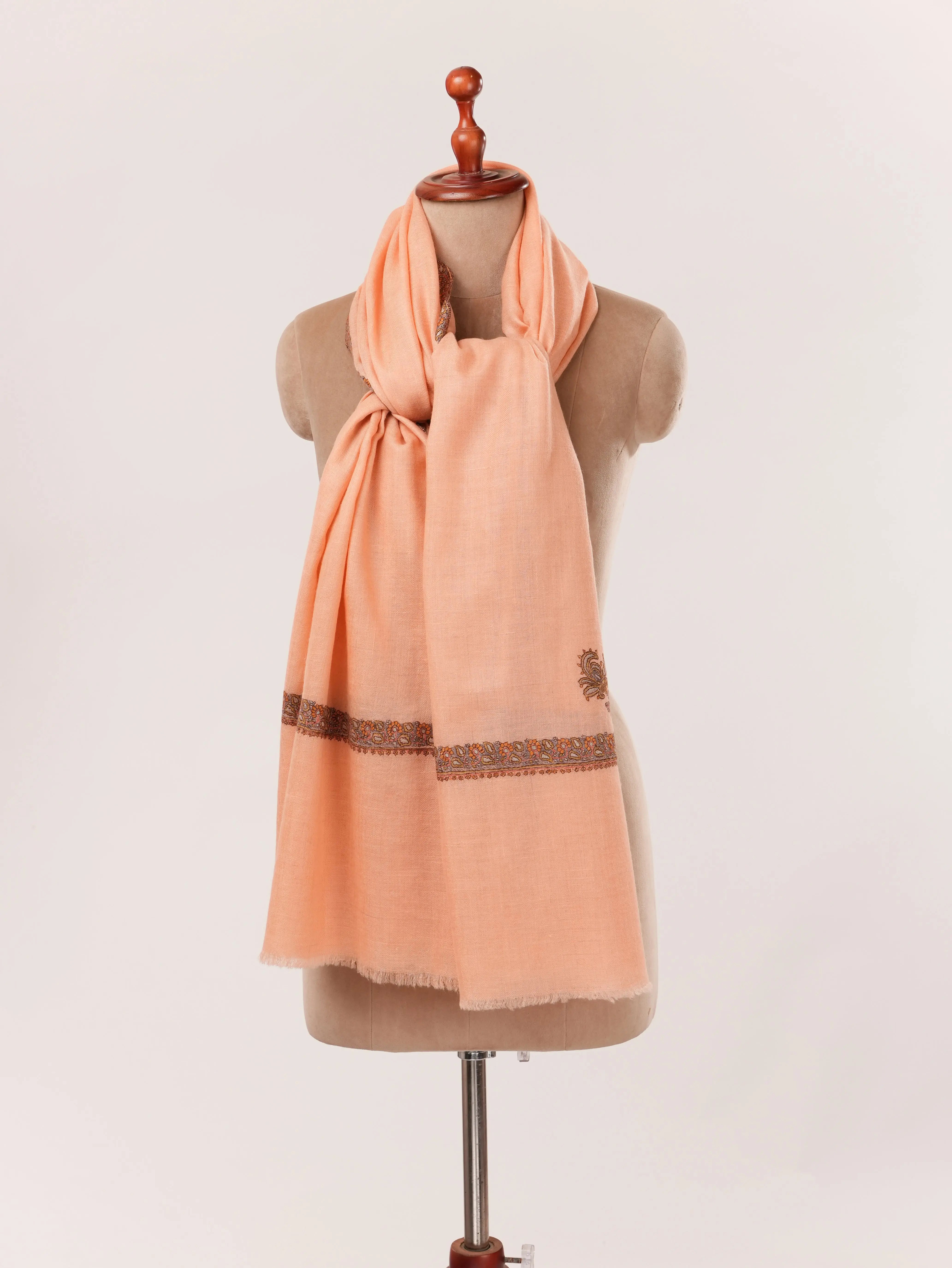 Peach Handwoven Kashmiri Pashmina Shawl with Hand Sozni Embroidery Shahkaar.com