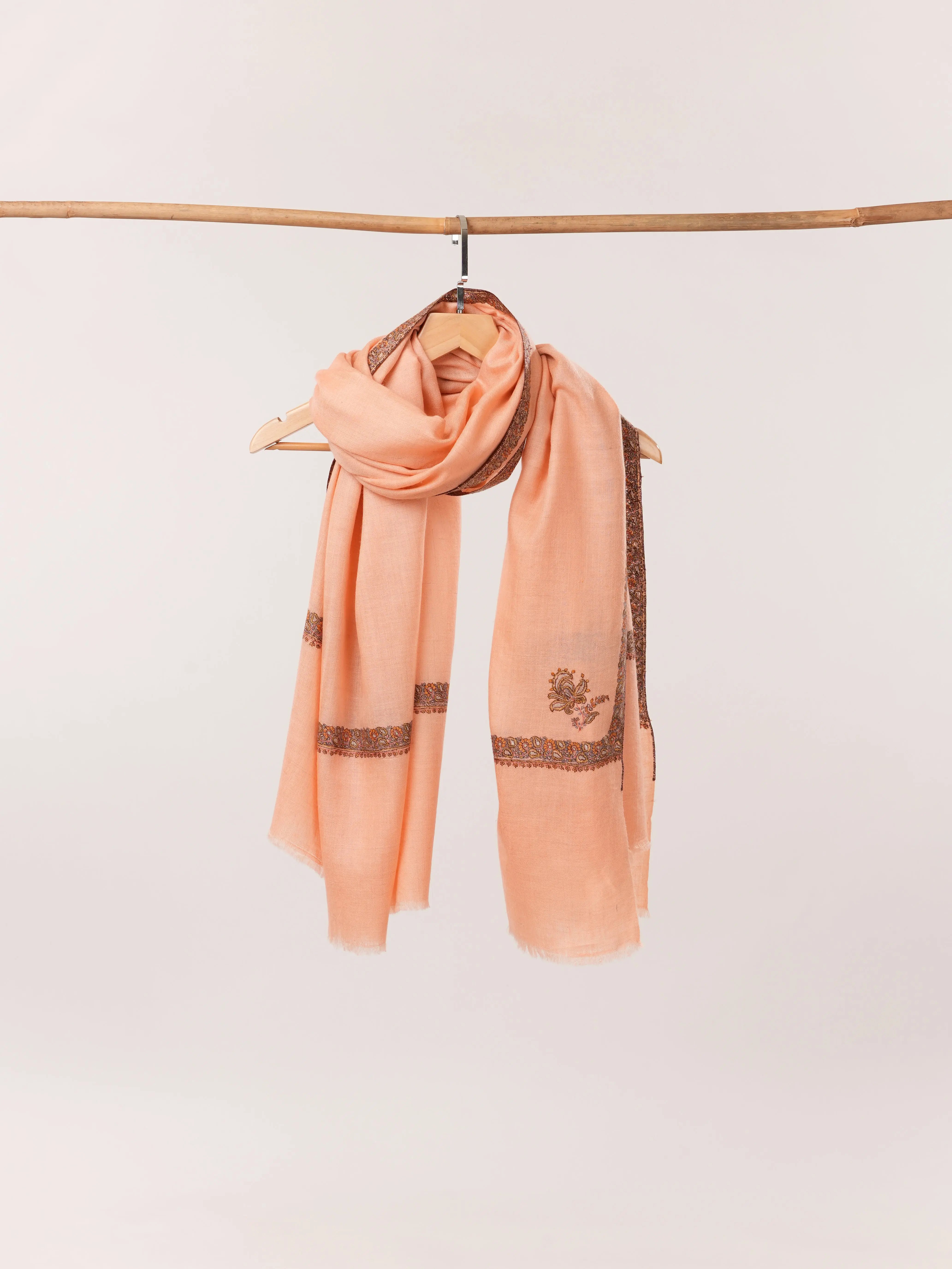 Peach Handwoven Kashmiri Pashmina Shawl with Hand Sozni Embroidery Shahkaar.com