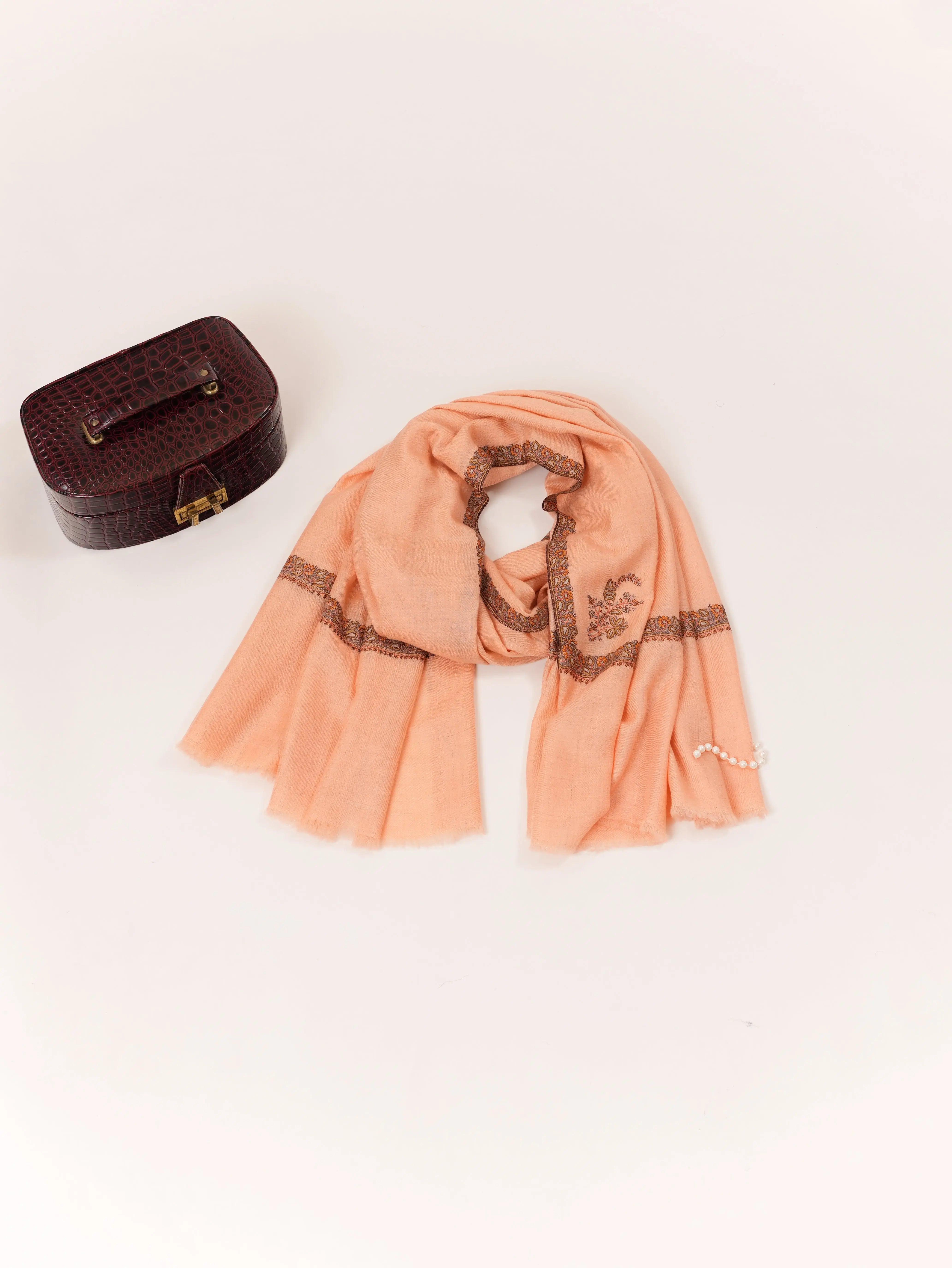 Peach Handwoven Kashmiri Pashmina Shawl with Hand Sozni Embroidery Shahkaar.com
