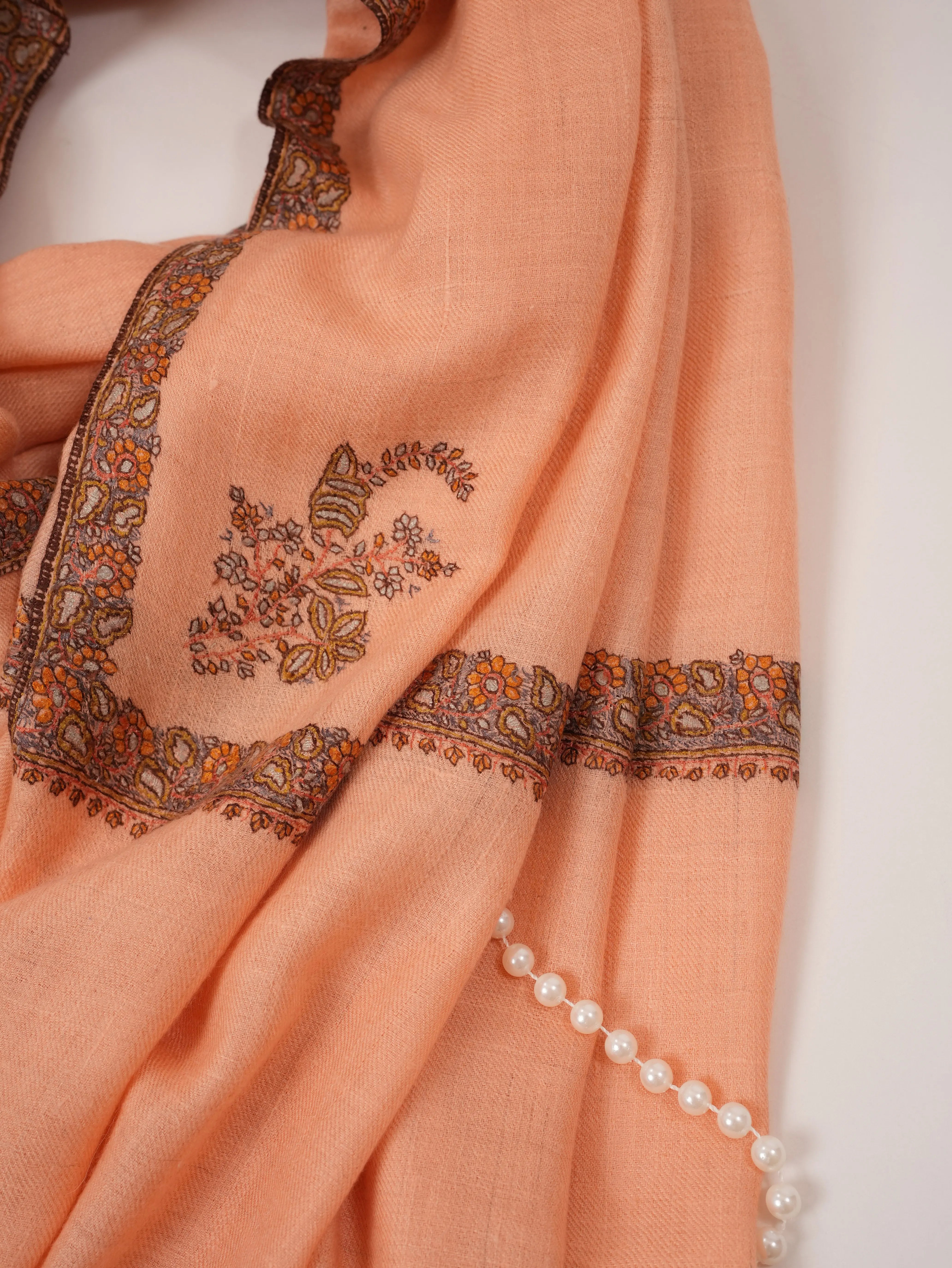 Peach Handwoven Kashmiri Pashmina Shawl with Hand Sozni Embroidery Shahkaar.com