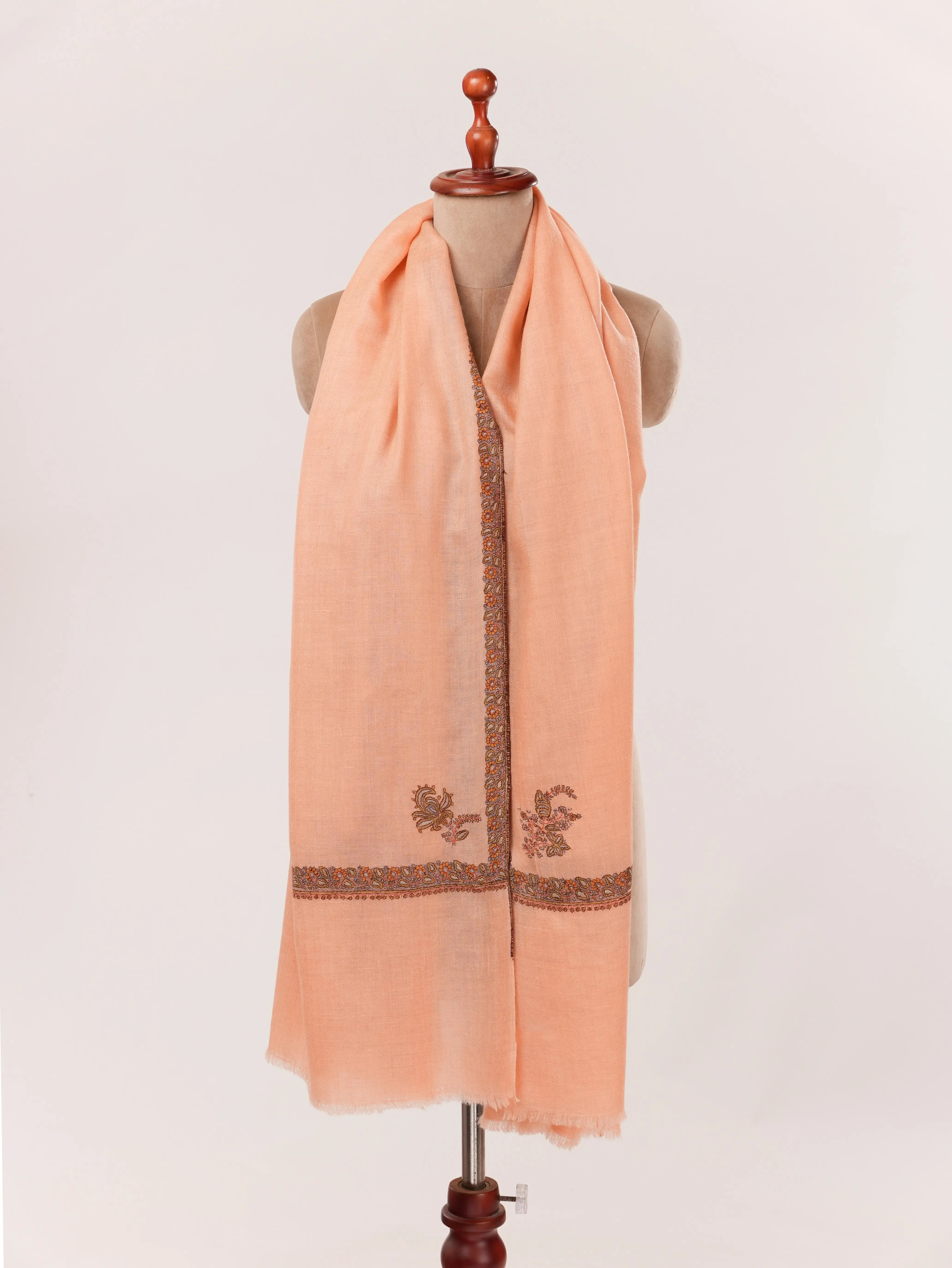 Peach Handwoven Kashmiri Pashmina Shawl with Hand Sozni Embroidery Shahkaar.com
