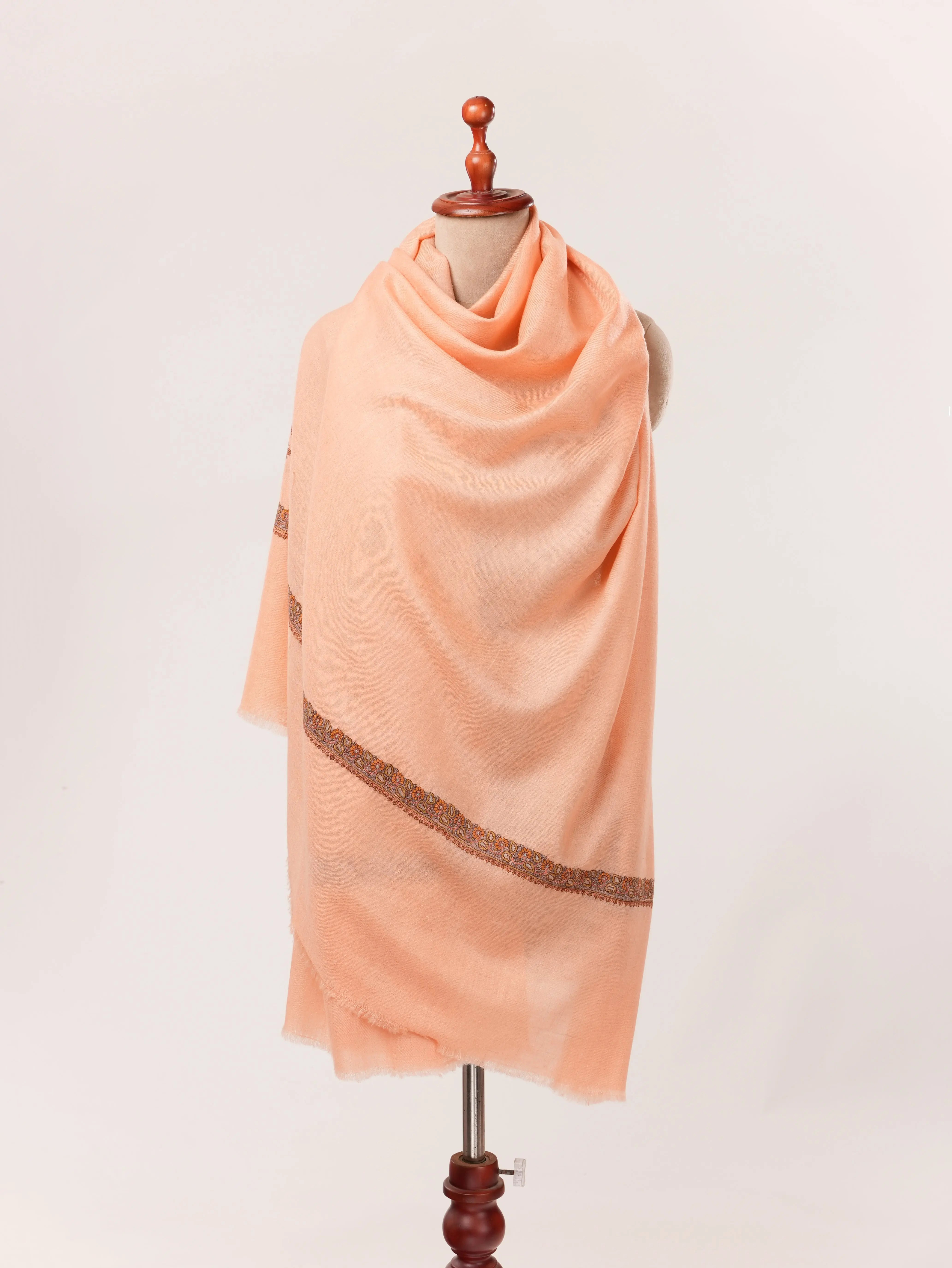 Peach Handwoven Kashmiri Pashmina Shawl with Hand Sozni Embroidery Shahkaar.com
