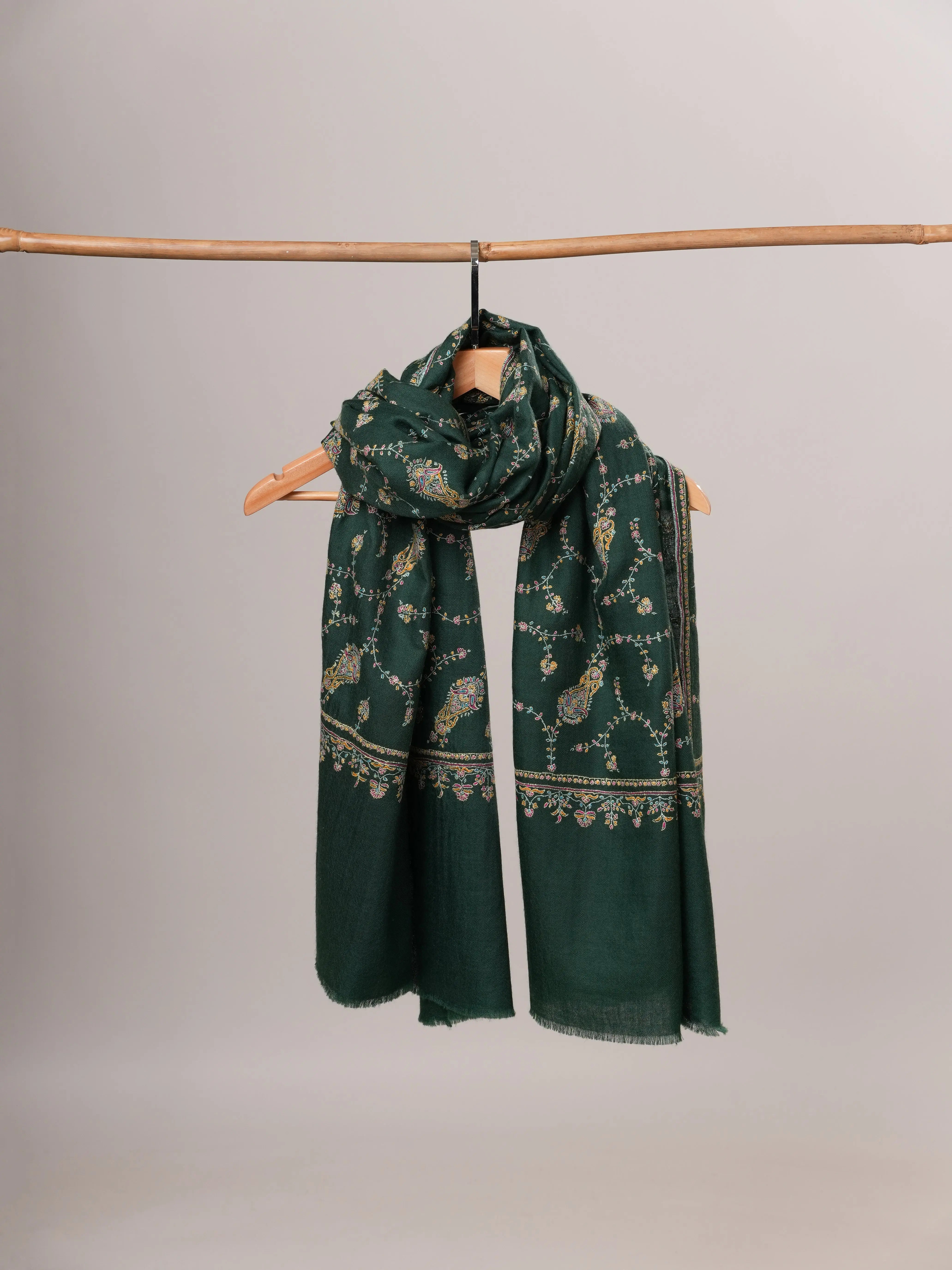 Dark Green Jali Hand Embroidered Soft Pashmina Shawl Shahkaar Global