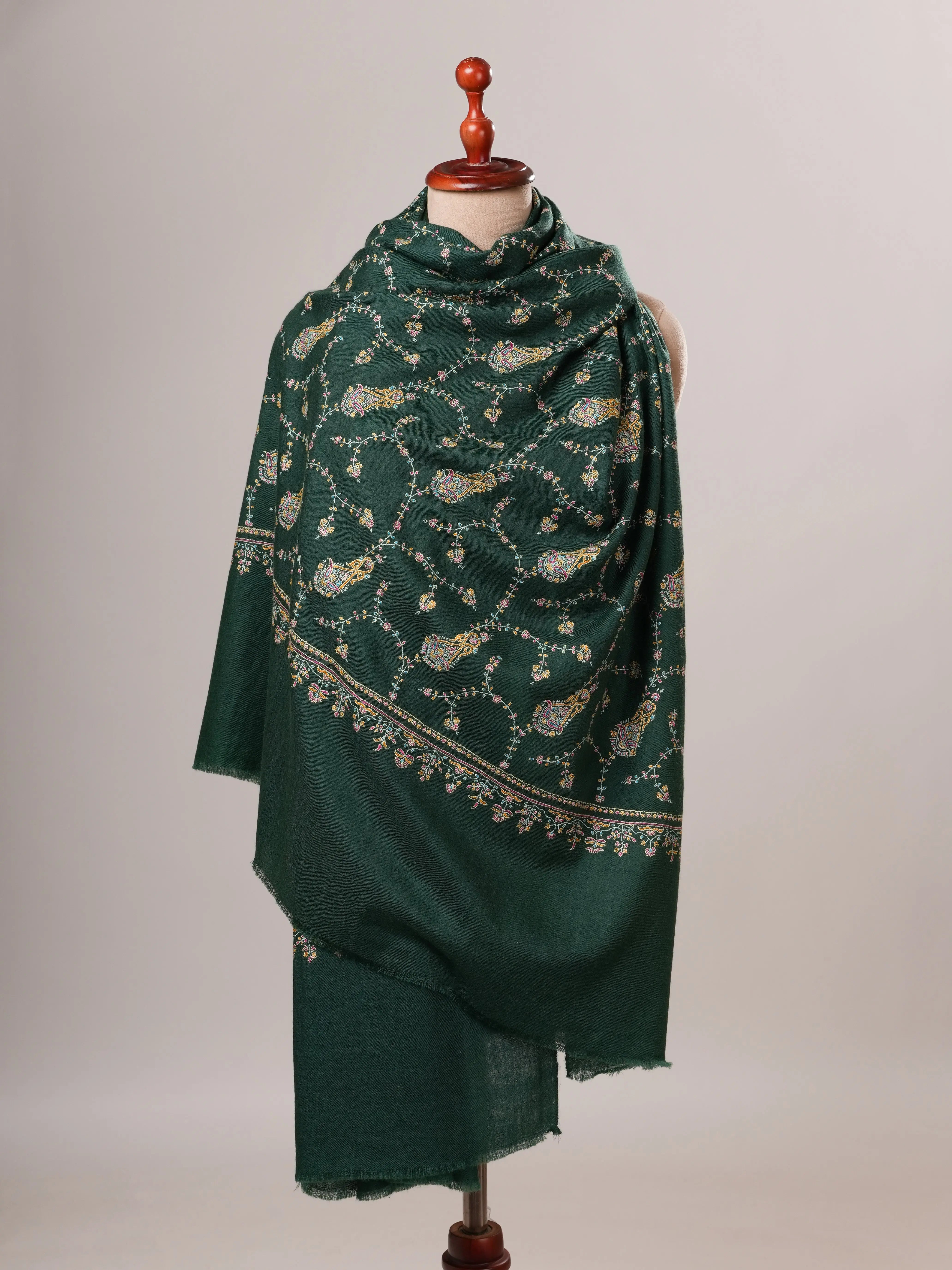 Dark Green Jali Hand Embroidered Soft Pashmina Shawl Shahkaar Global