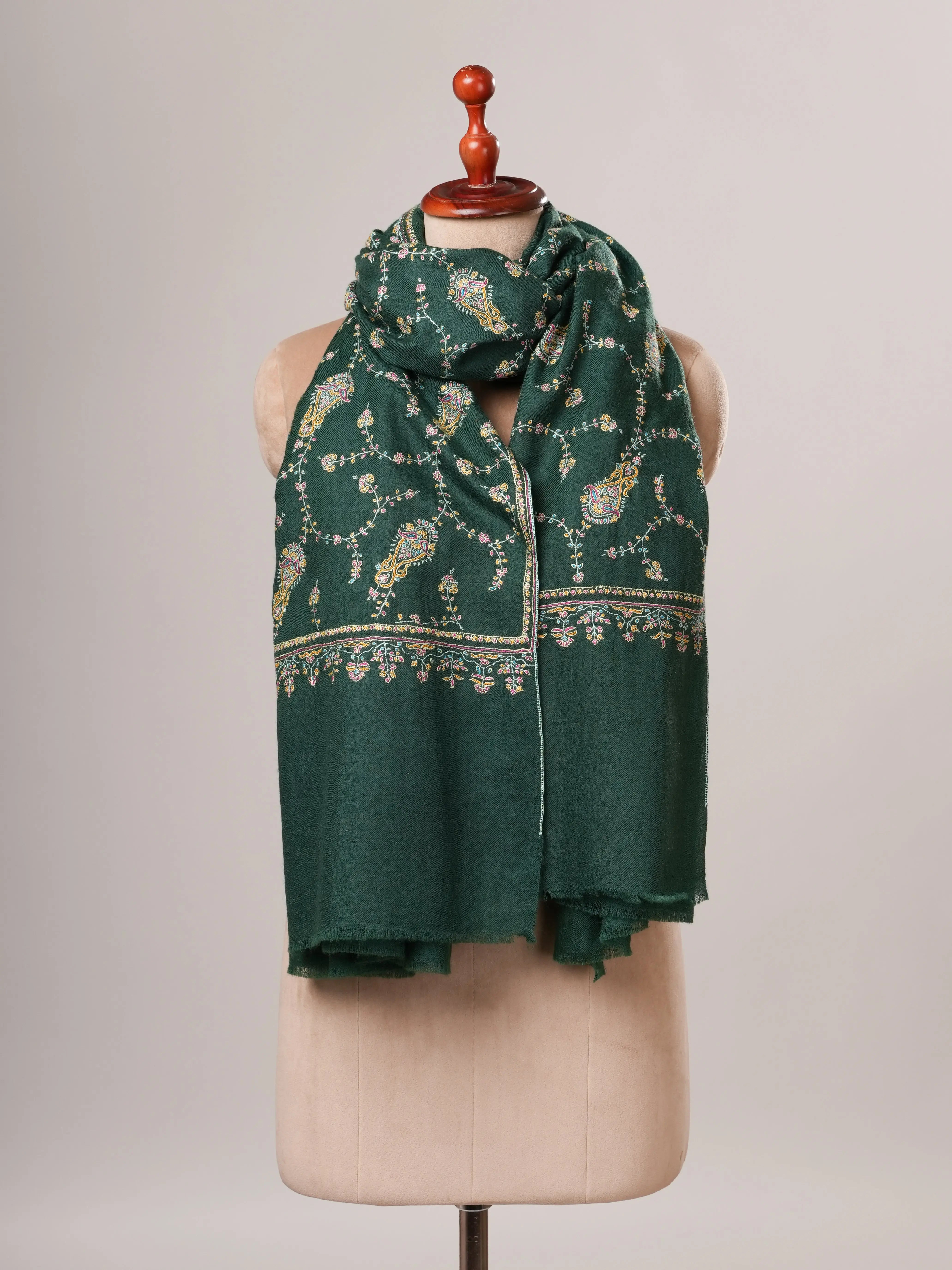 Dark Green Jali Hand Embroidered Soft Pashmina Shawl Shahkaar Global