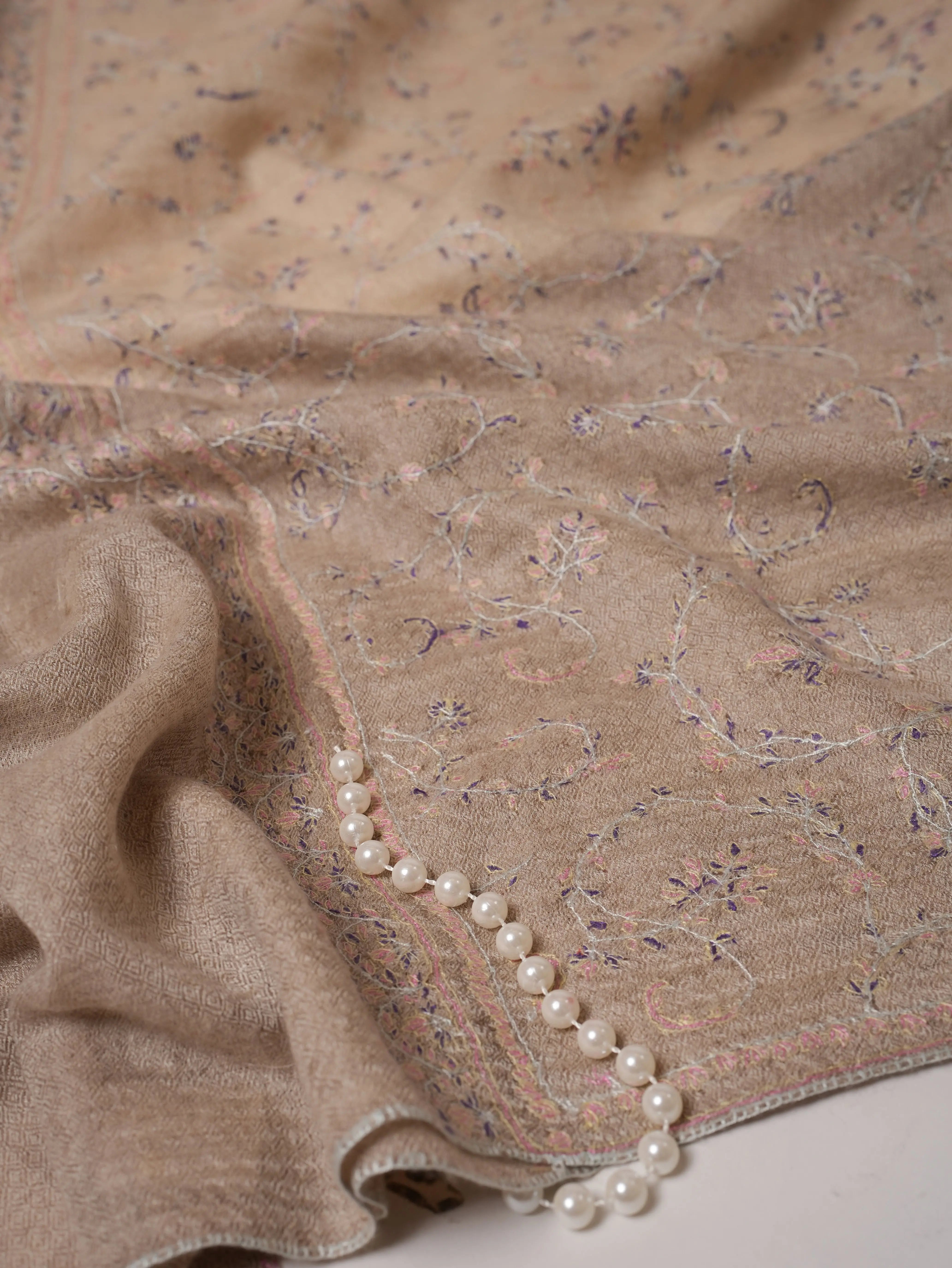 Natural Grey and White Pure Cashmere Scarf with All Over Hand Embroidery Shahkaar.com