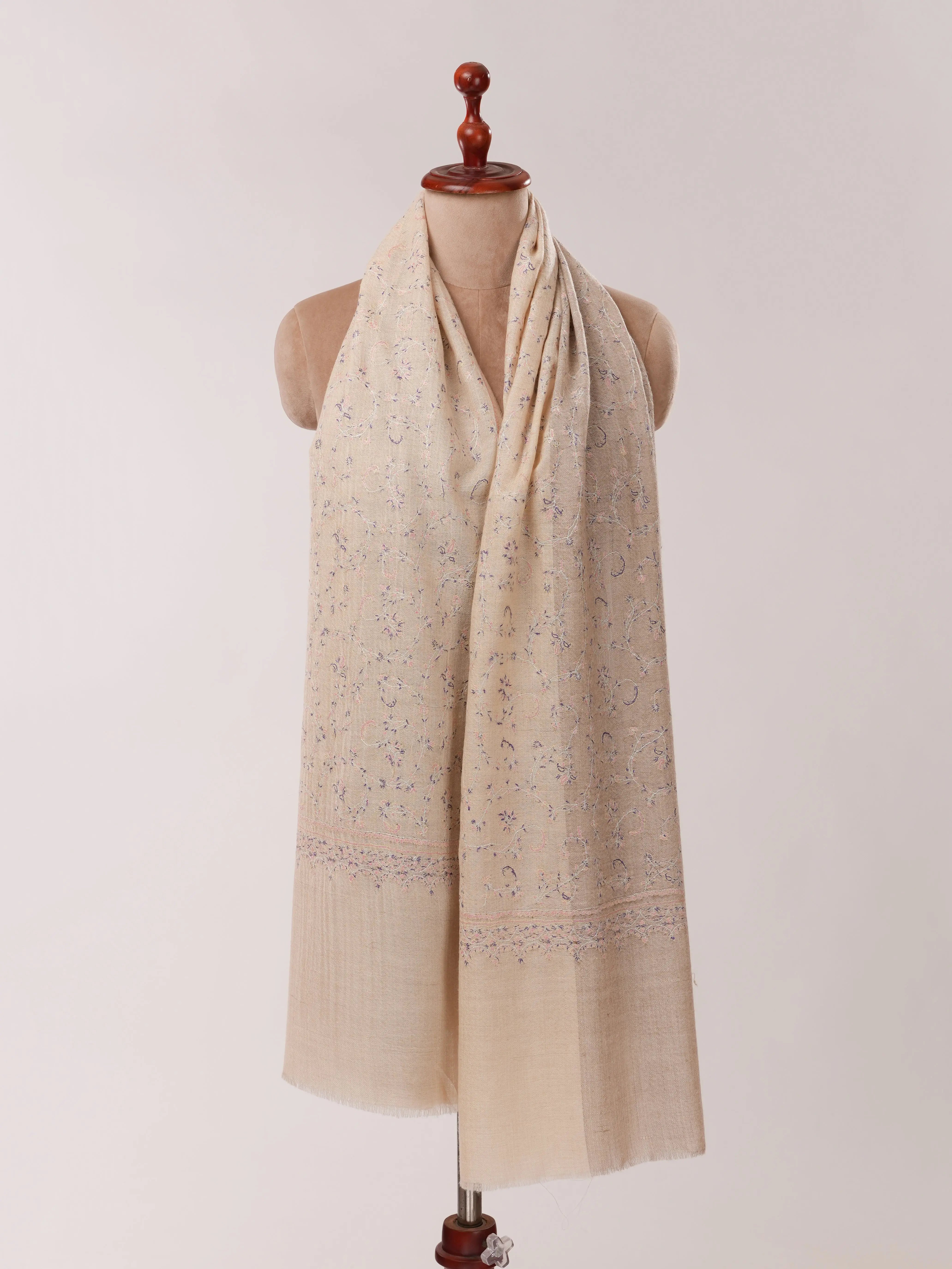 Natural Grey and White Pure Cashmere Scarf with All Over Hand Embroidery Shahkaar.com