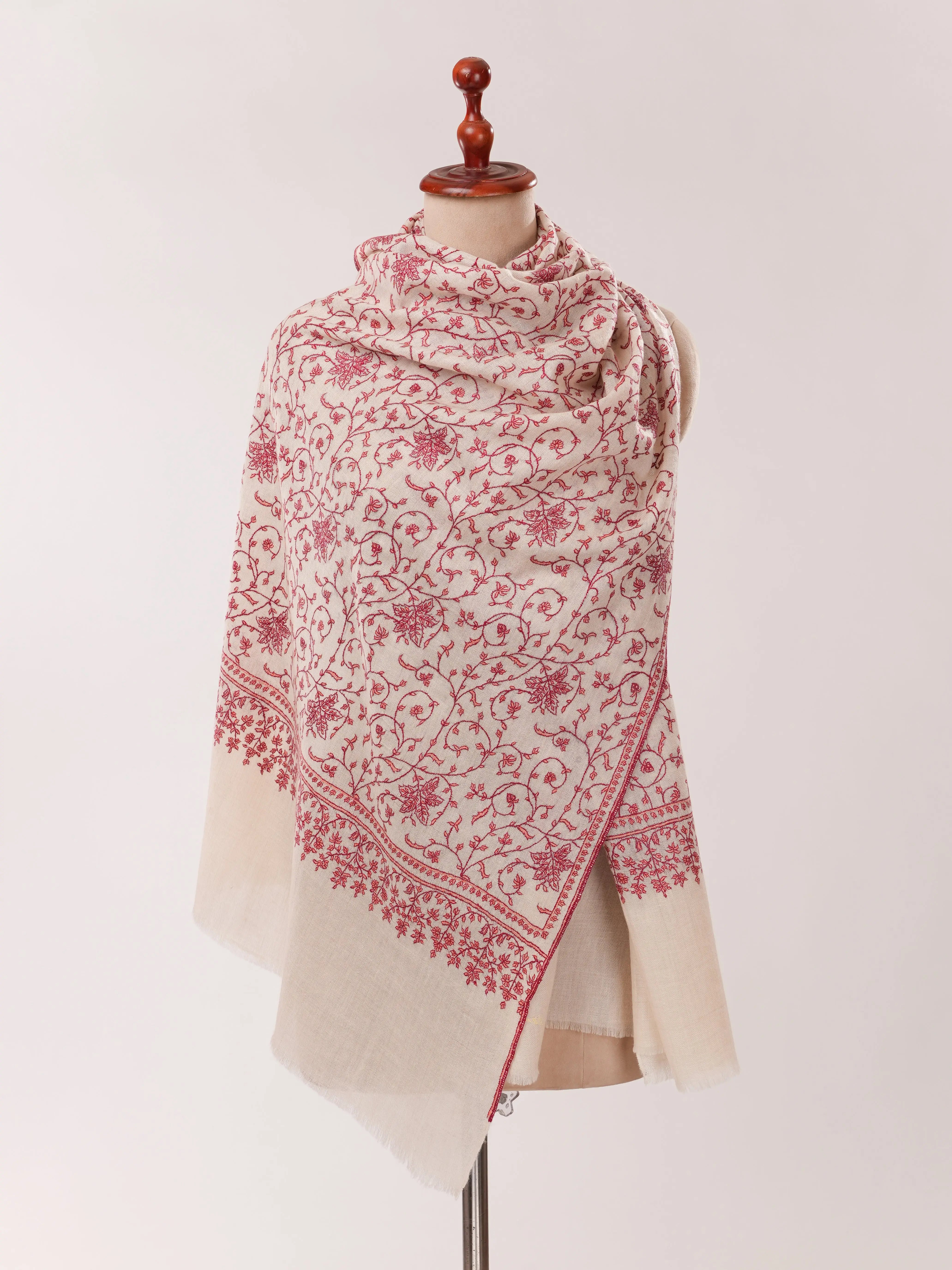Natural White Pure Cashmere Scarf with Hand Embroidery Shahkaar.com