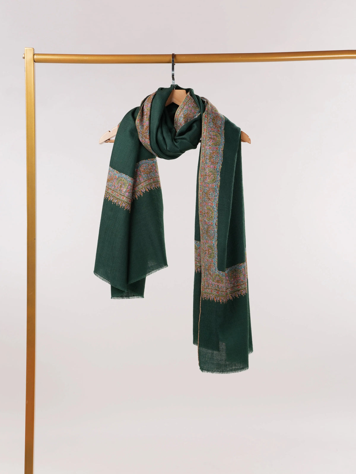 Dark Green Handwoven Pure Pashmina Shawl with Classic Daurdar Embroidery