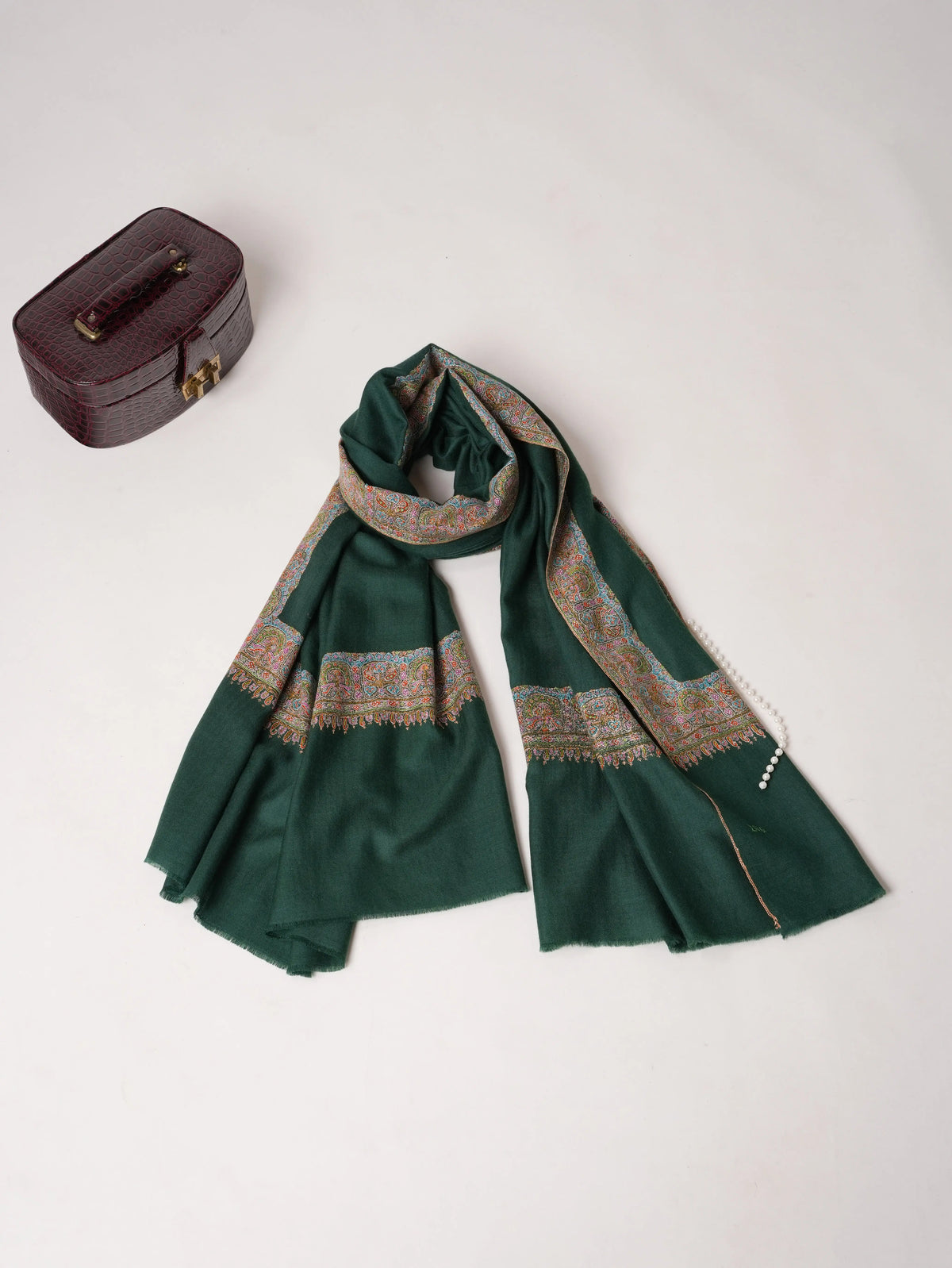 Dark Green Handwoven Pure Pashmina Shawl with Classic Daurdar Embroidery