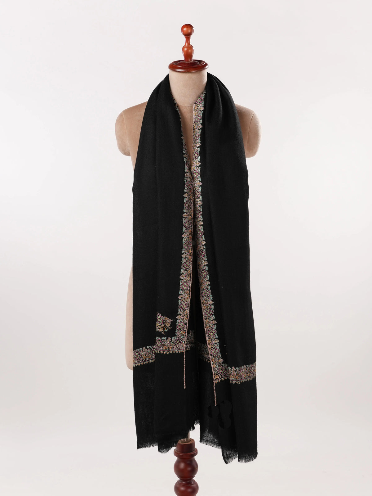 Black Handwoven Authentic Pashmina Shawl with Neemdaur Sozni Embroidery Shahkaar.com