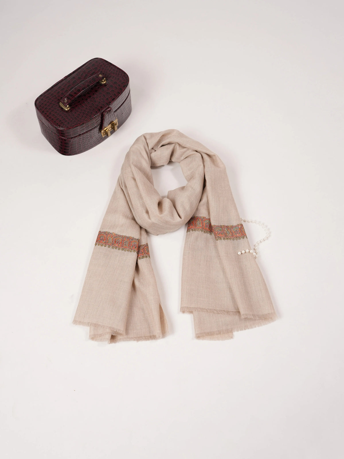 Light Beige Handwoven Soft Pashmina Shawl with Neemdaur Hand Embroidery Shahkaar.com