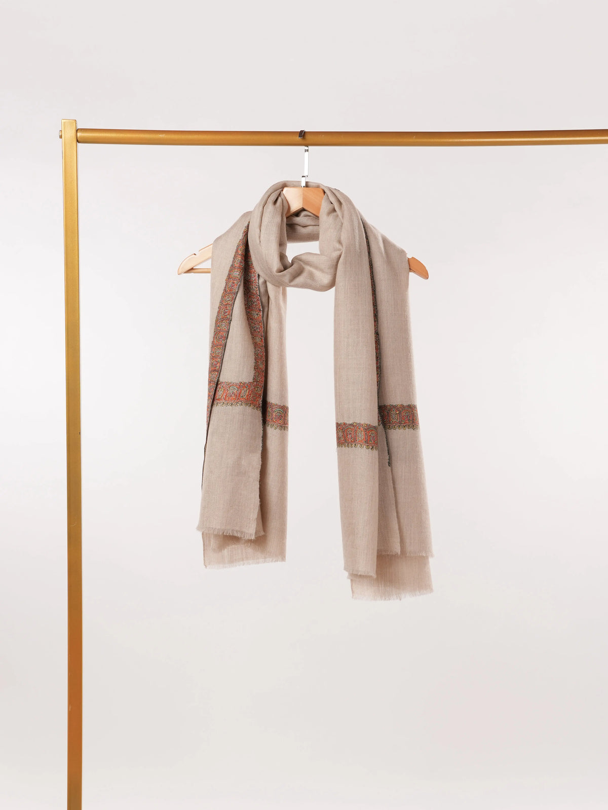 Light Beige Handwoven Soft Pashmina Shawl with Neemdaur Hand Embroidery Shahkaar.com