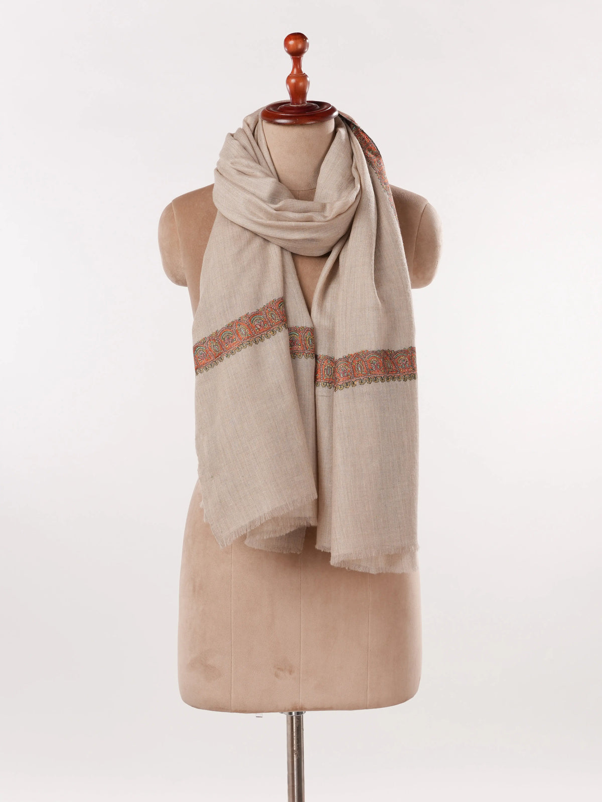 Light Beige Handwoven Soft Pashmina Shawl with Neemdaur Hand Embroidery Shahkaar.com