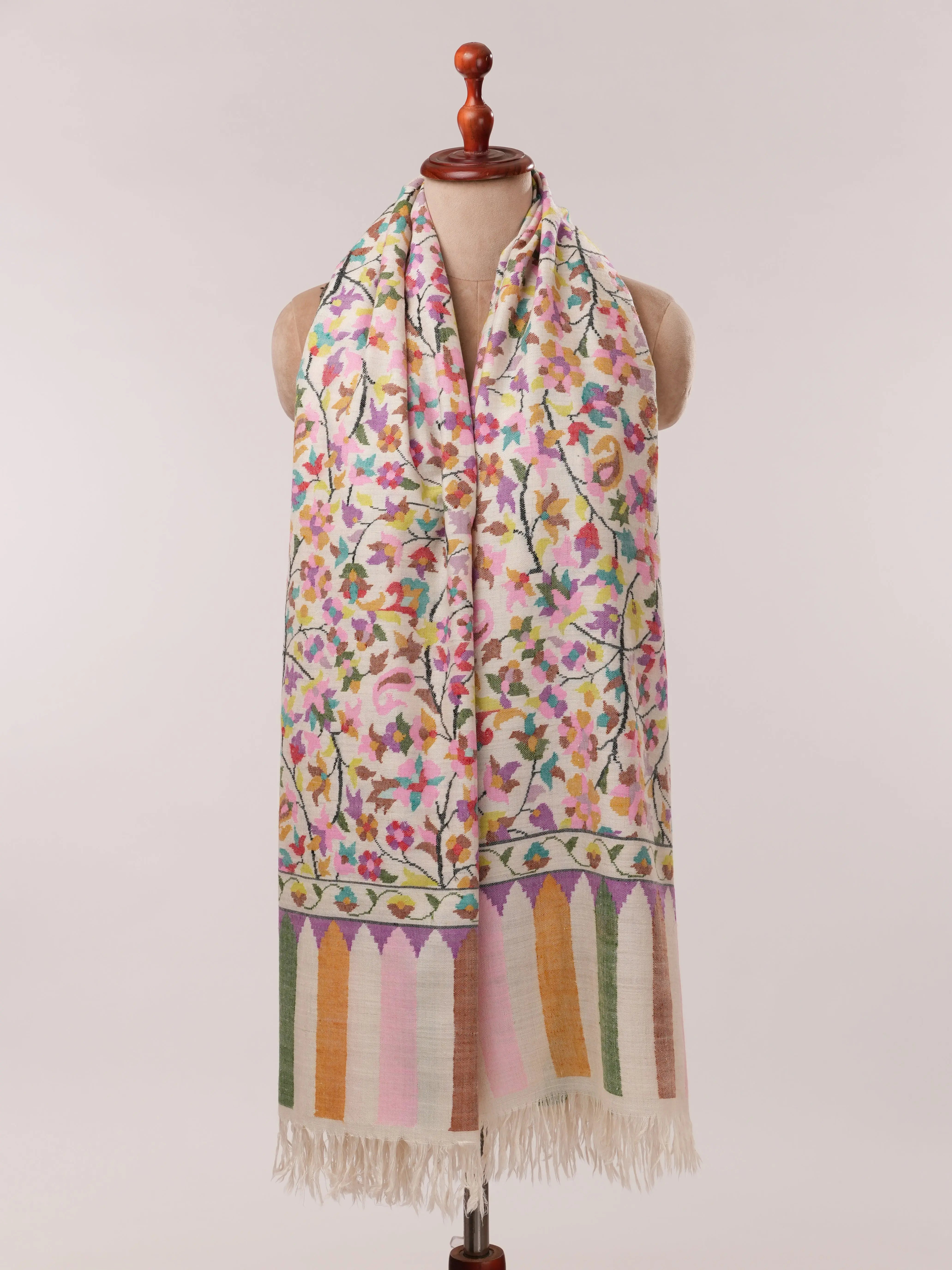Natural White Floral Kani Pashmina Shawl Shahkaar.com