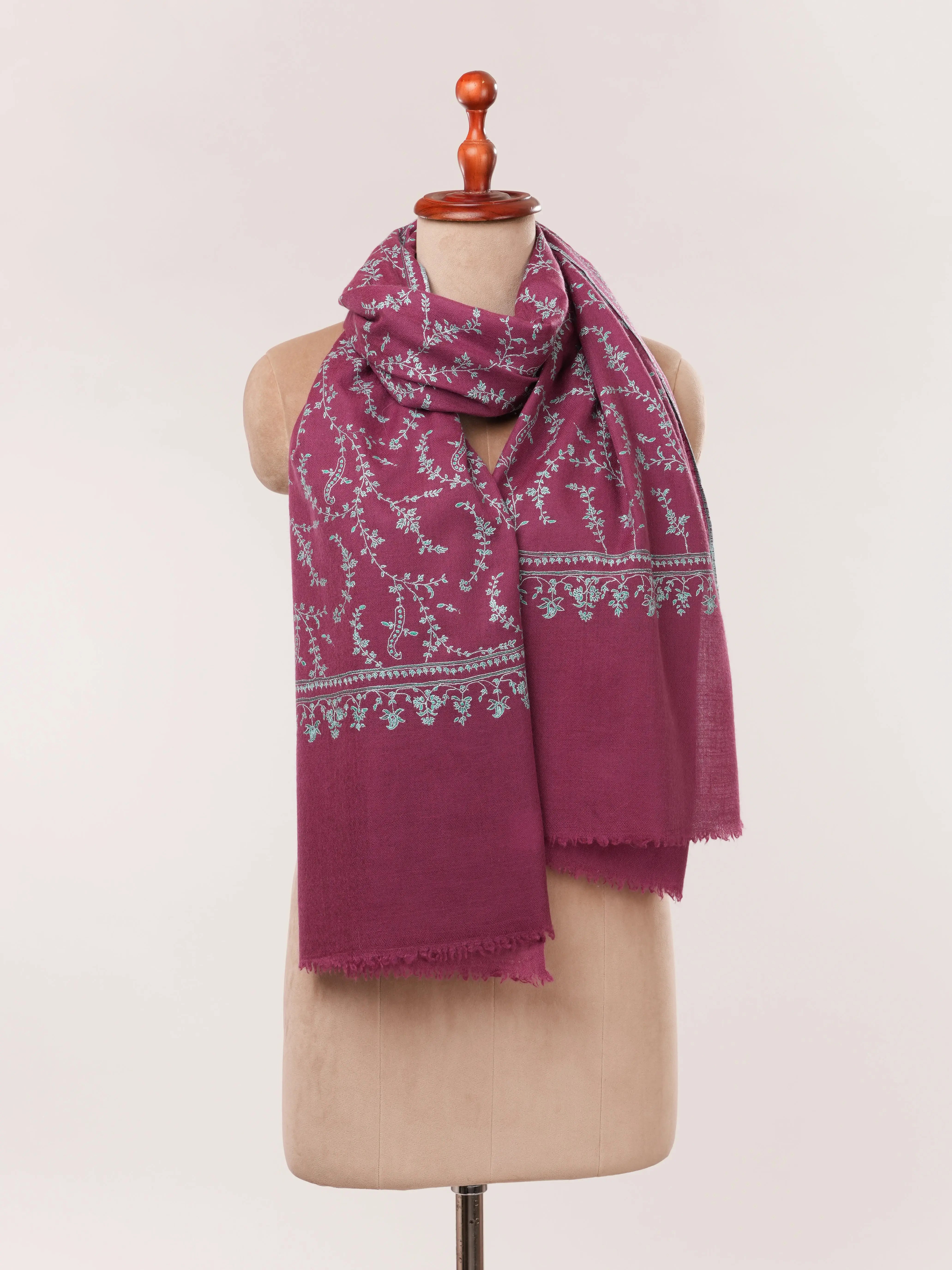 Tyrian Purple Cashmere Scarf with Hand Embroidered Jali Shahkaar.com
