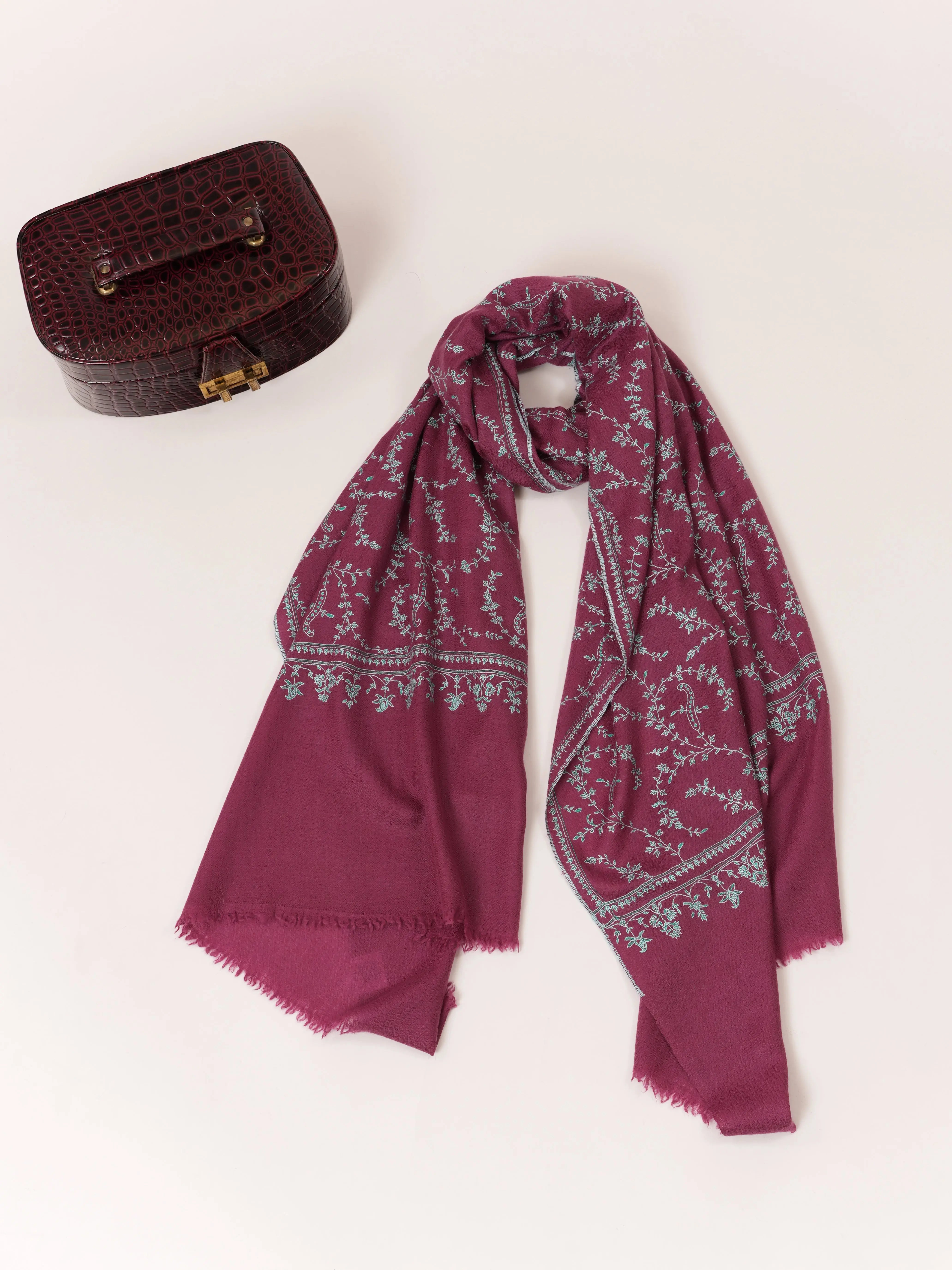 Tyrian Purple Cashmere Scarf with Hand Embroidered Jali Shahkaar.com