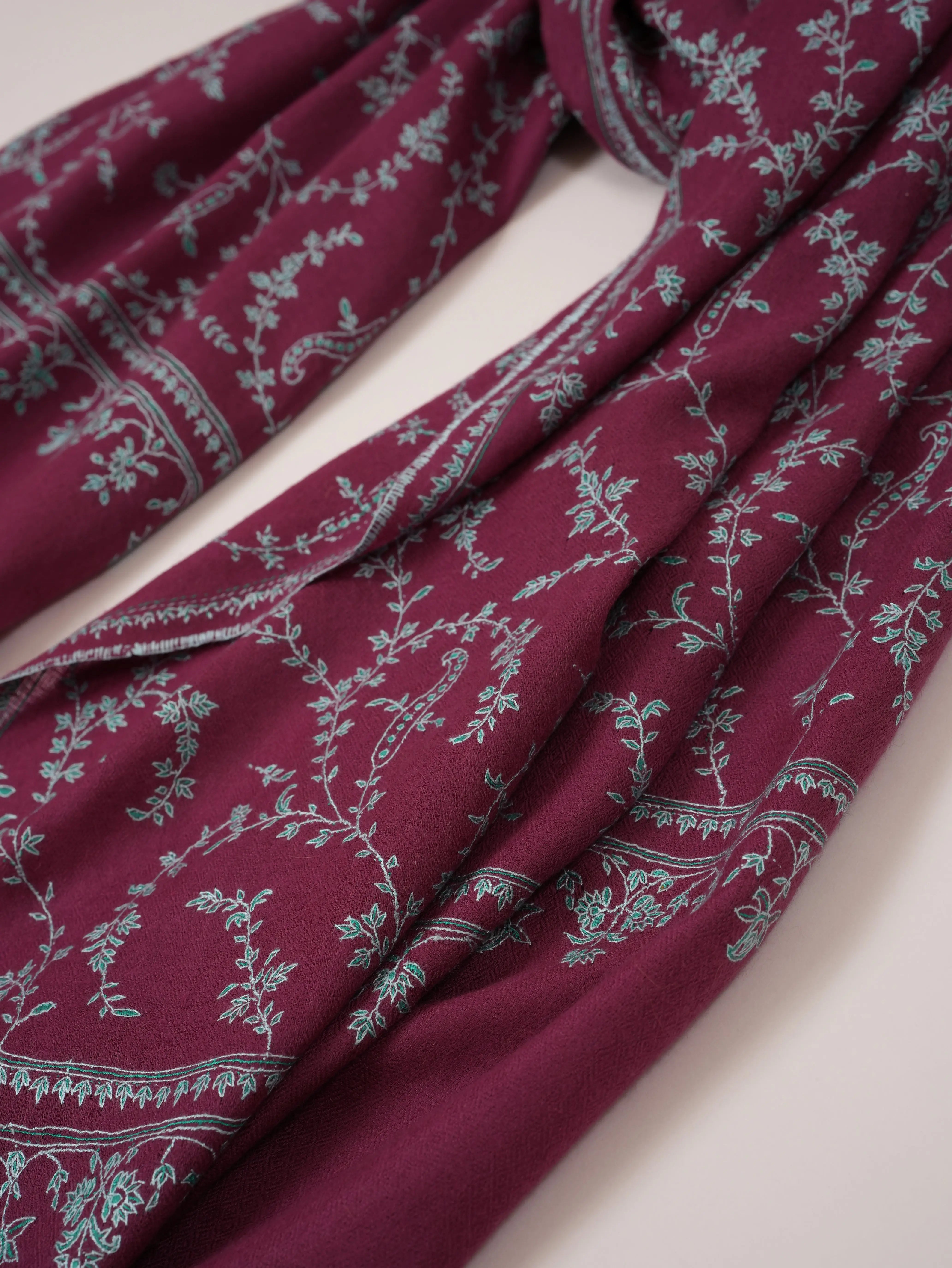 Tyrian Purple Cashmere Scarf with Hand Embroidered Jali Shahkaar.com