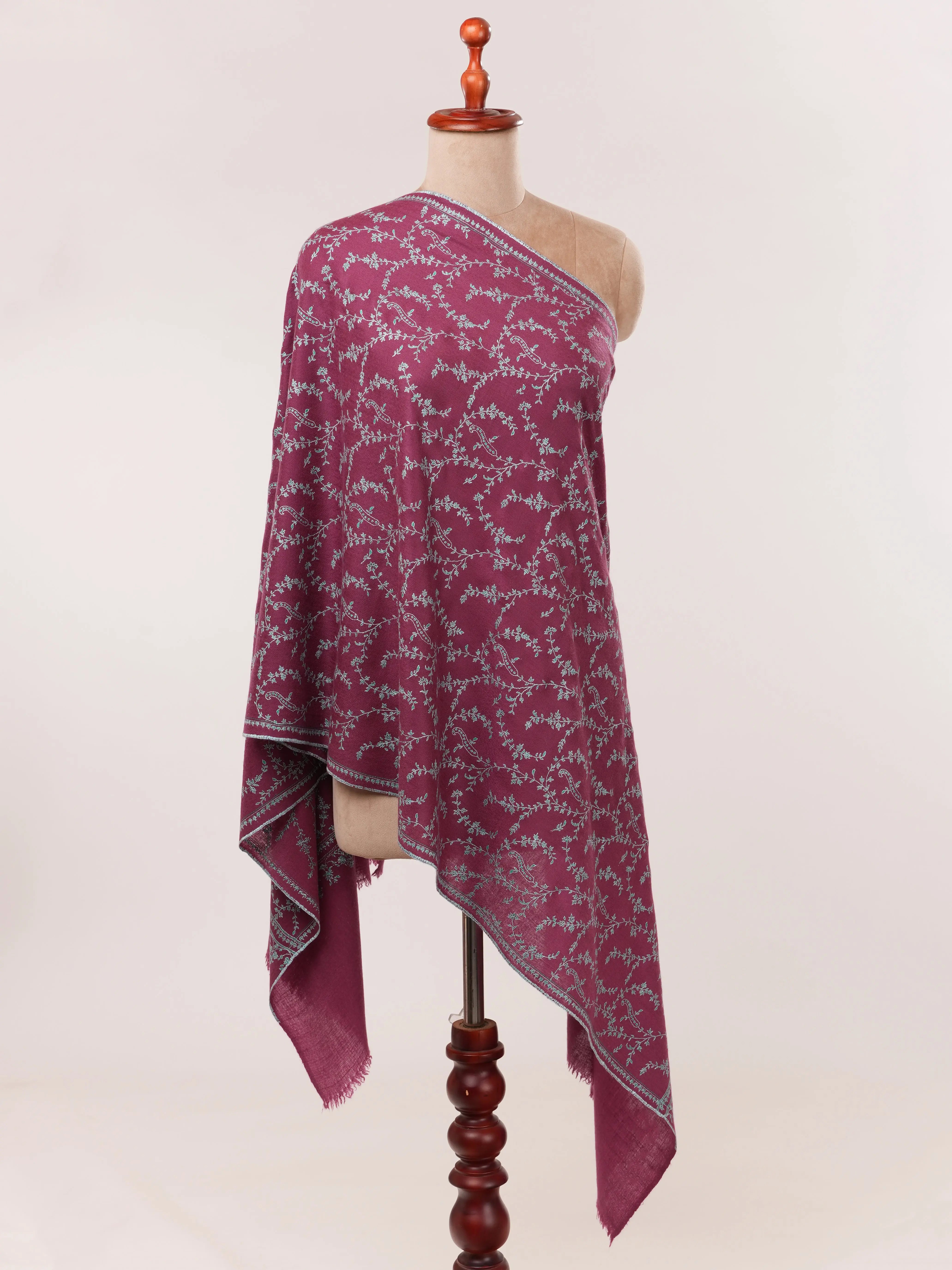 Tyrian Purple Cashmere Scarf with Hand Embroidered Jali Shahkaar.com
