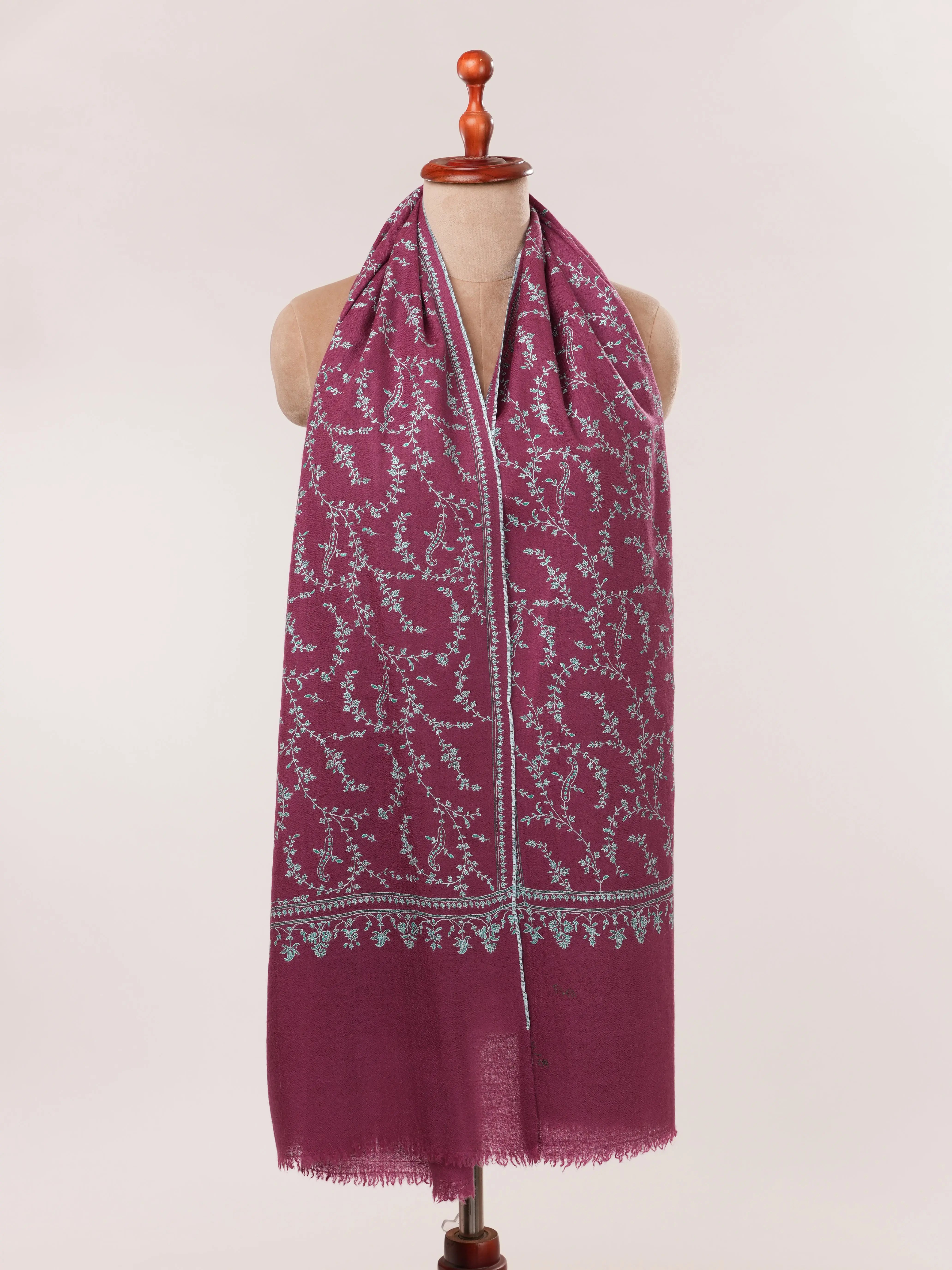 Tyrian Purple Cashmere Scarf with Hand Embroidered Jali Shahkaar.com