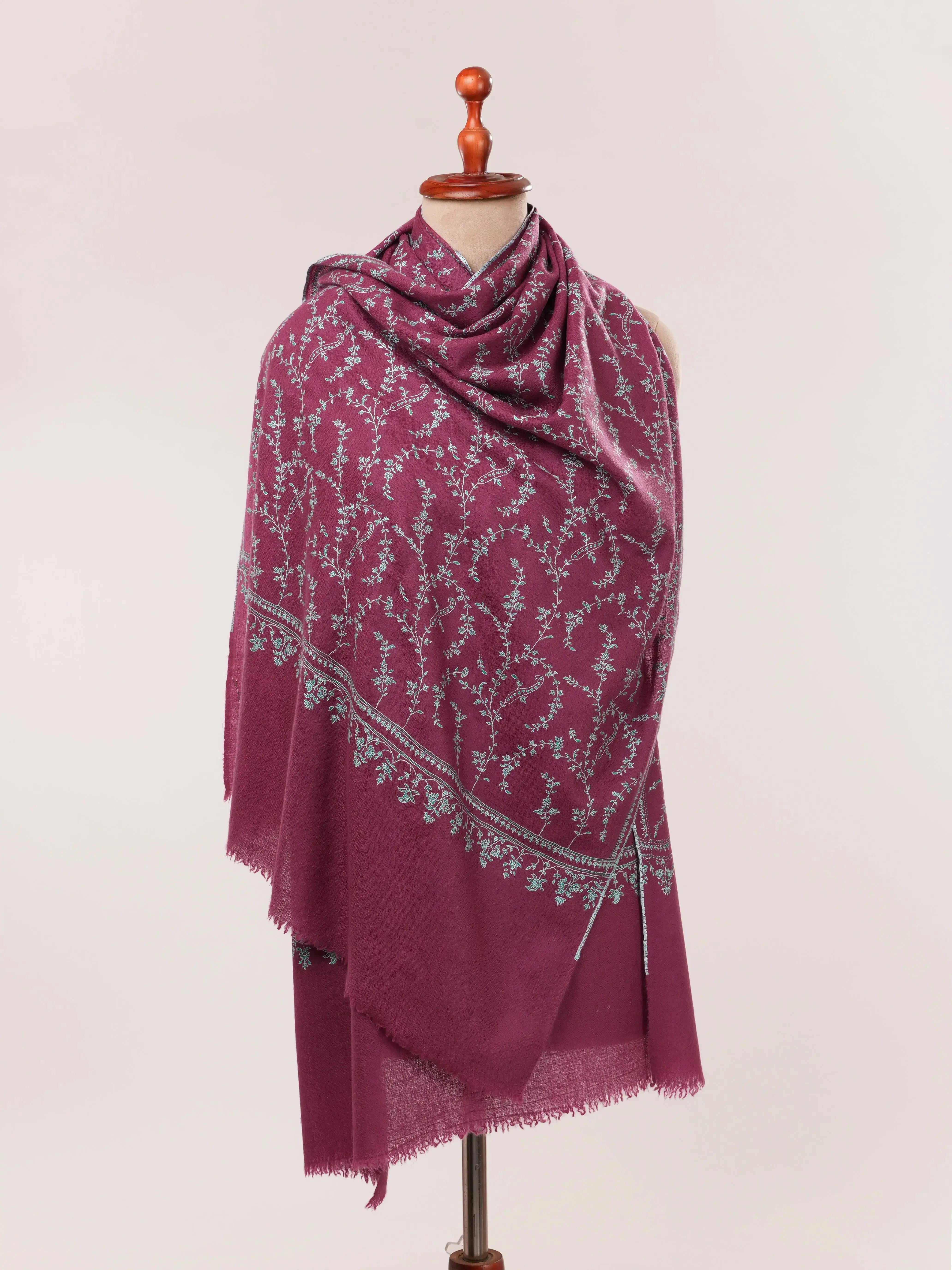 Tyrian Purple Cashmere Scarf with Hand Embroidered Jali Shahkaar.com