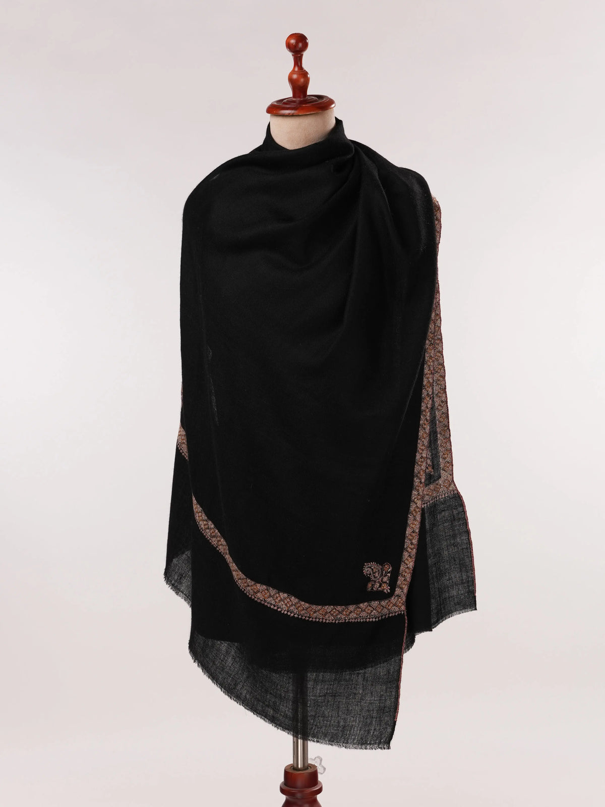 Black Handwoven Cashmere Scarf with Hashia Sozni Embroidery Shahkaar.com