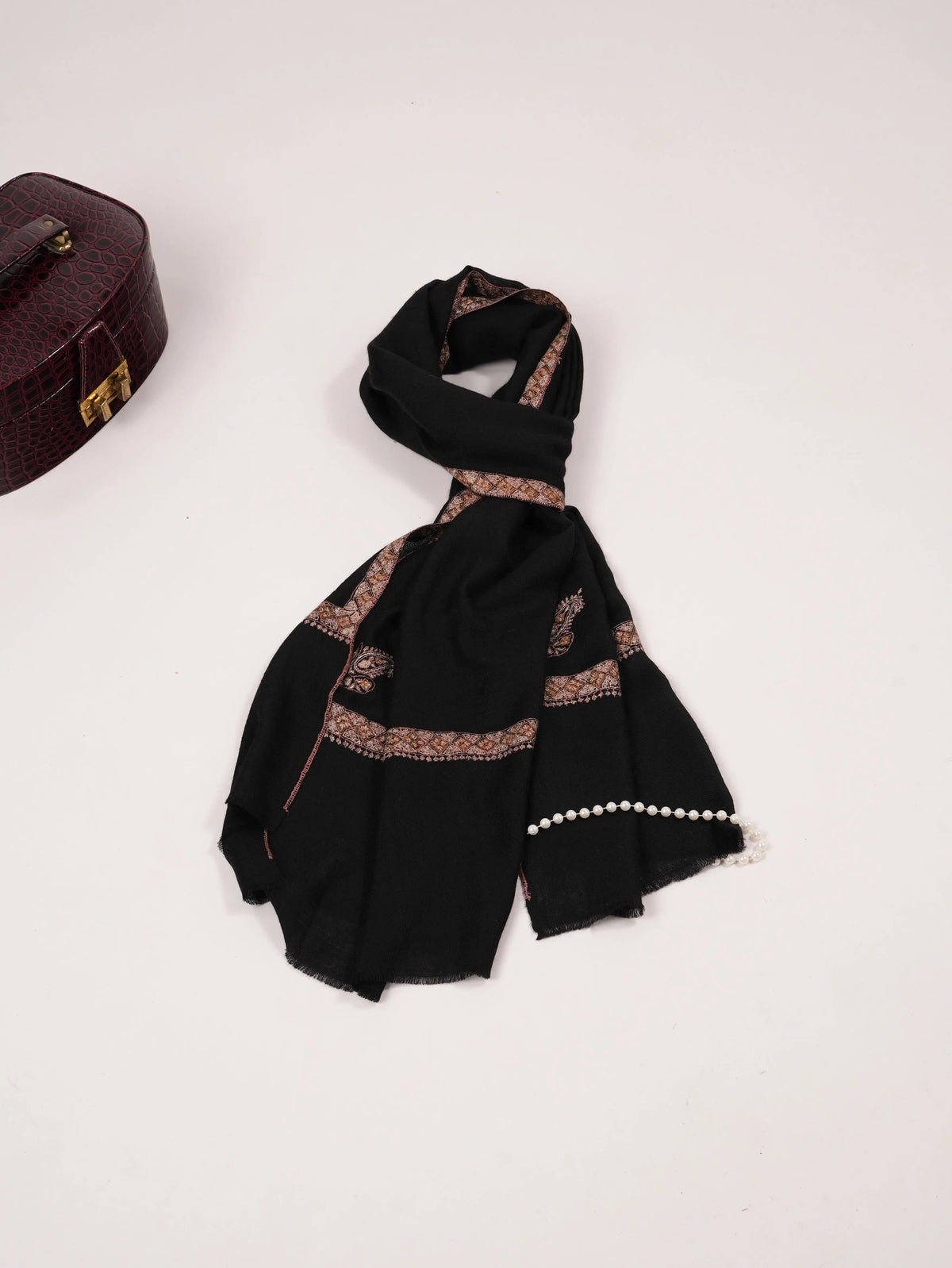 Black Handwoven Cashmere Scarf with Hashia Sozni Embroidery Shahkaar.com