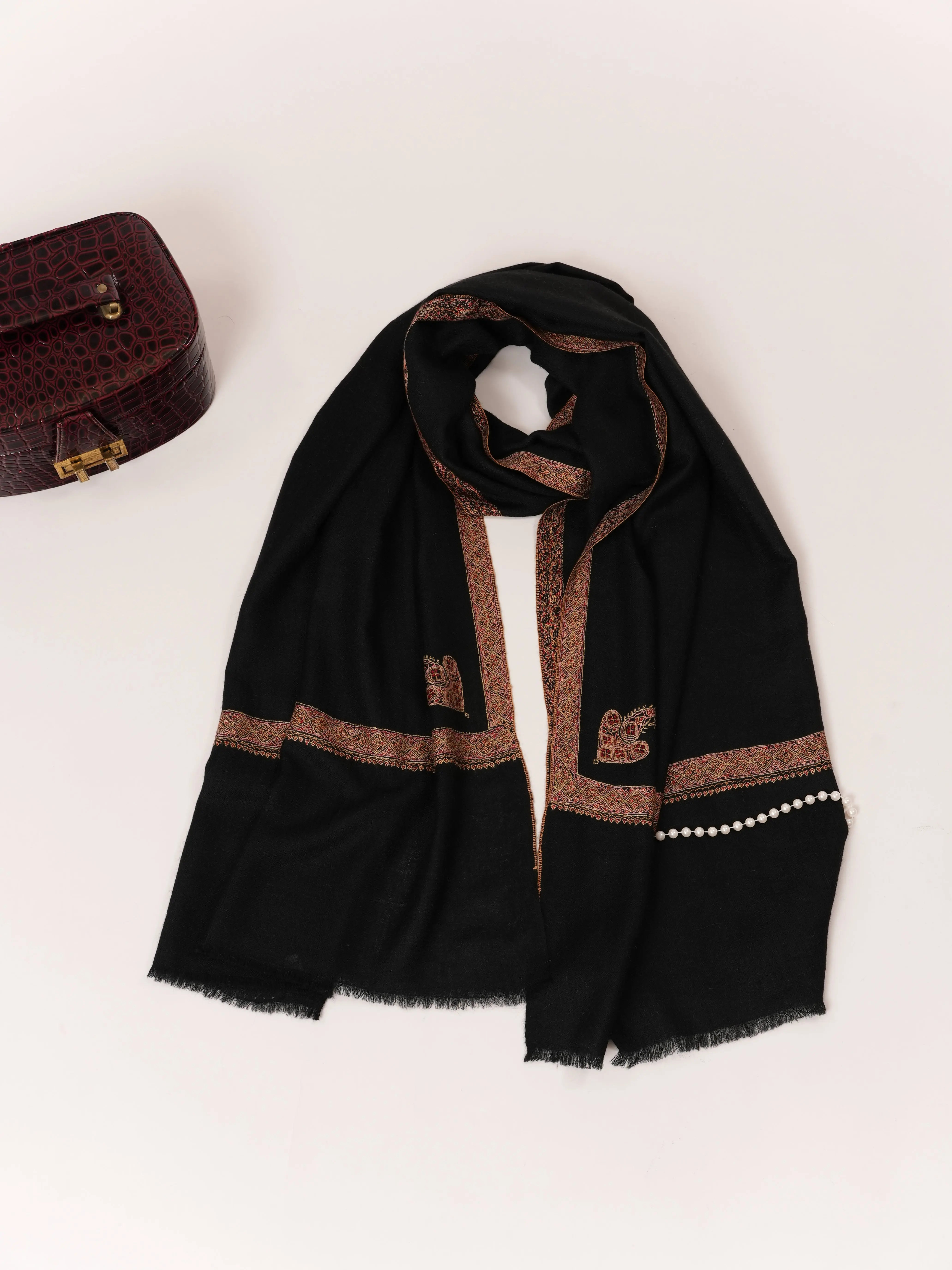 Black Hashia Hand Embroidered Soft Cashmere Scarf Shahkaar.com