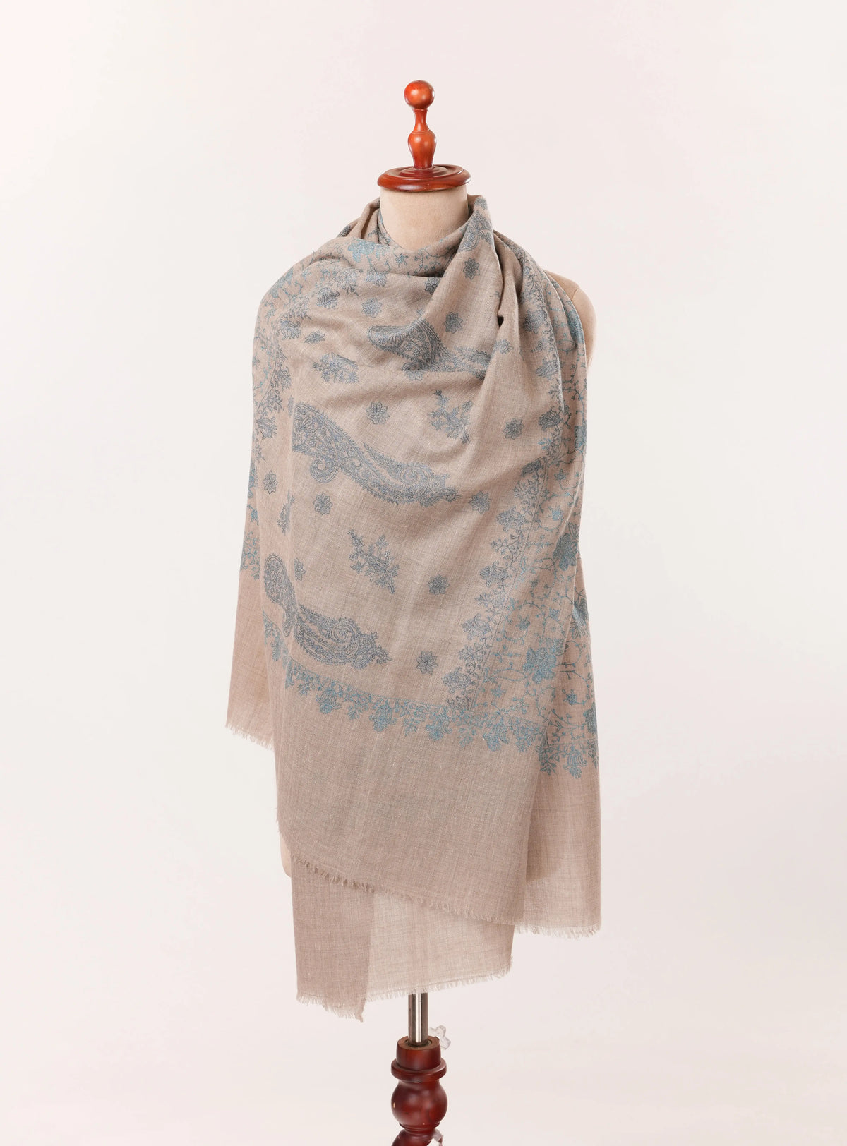 Natural Taupe Handwoven Cashmere Scarf with All over Hand Embroidery Shahkaar.com