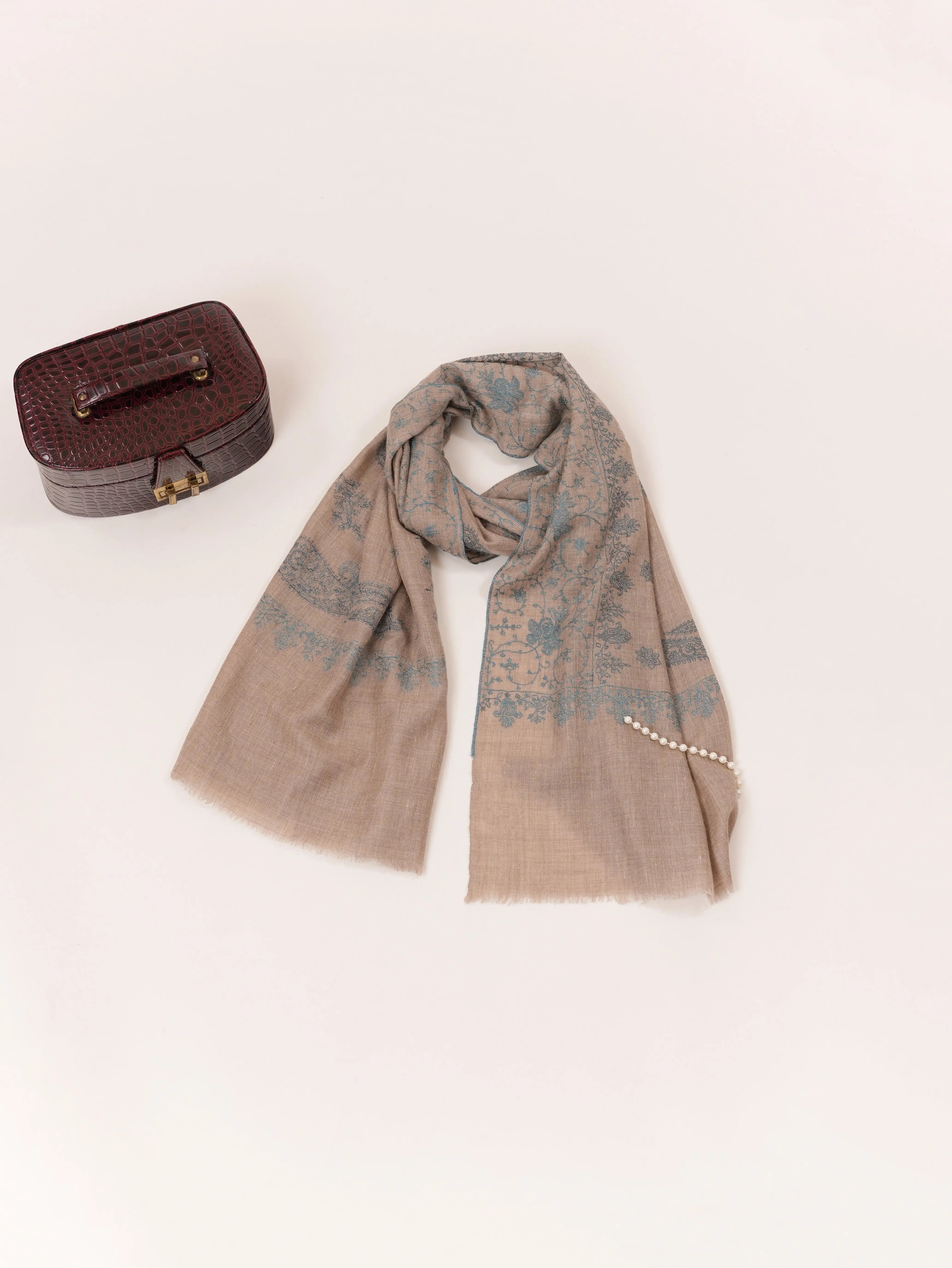 Natural Taupe Handwoven Cashmere Scarf with All over Hand Embroidery Shahkaar.com