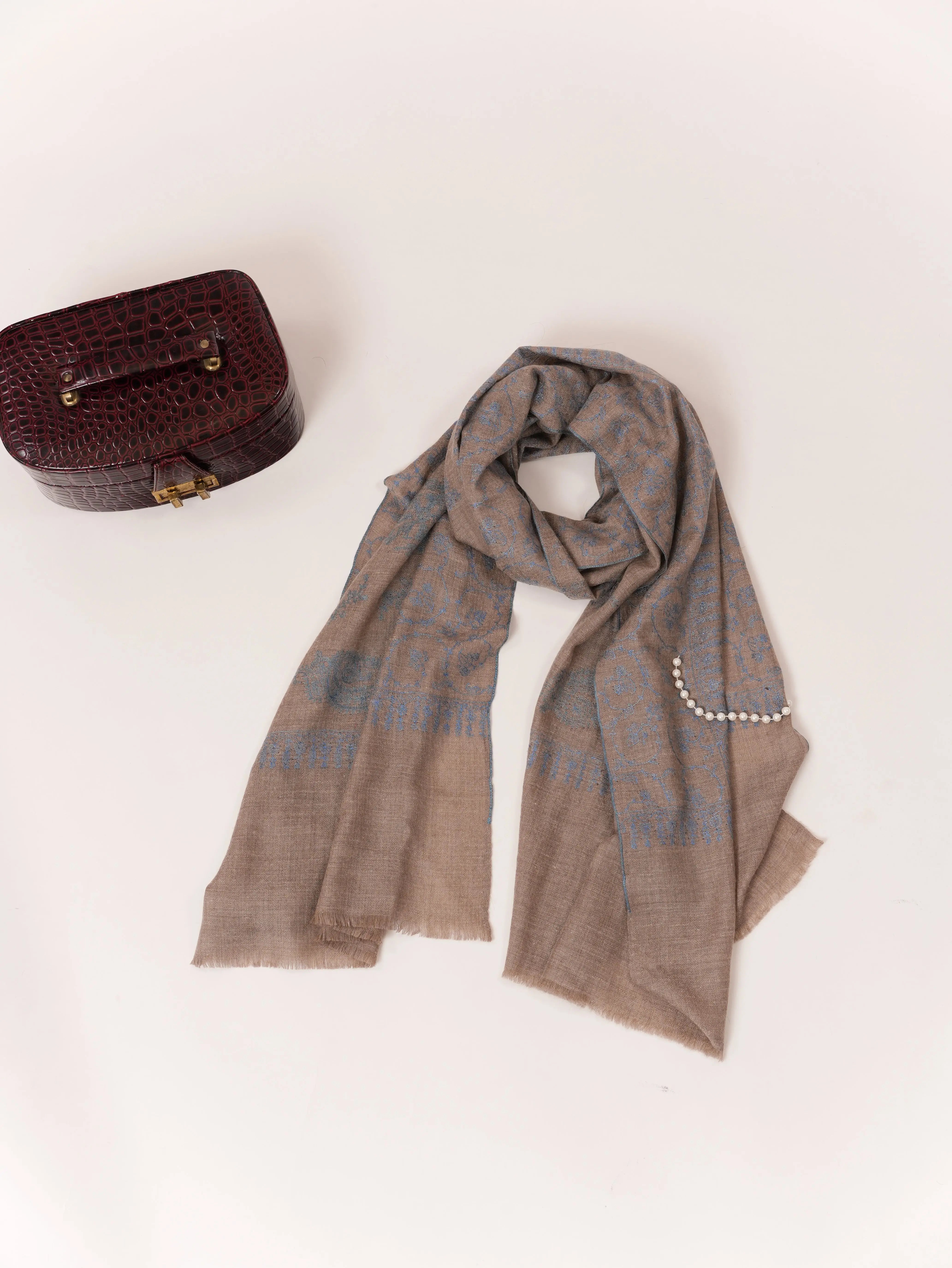 Natural Taupe Cashmere Scarf with Blue Jali Hand Embroidery Shahkaar.com