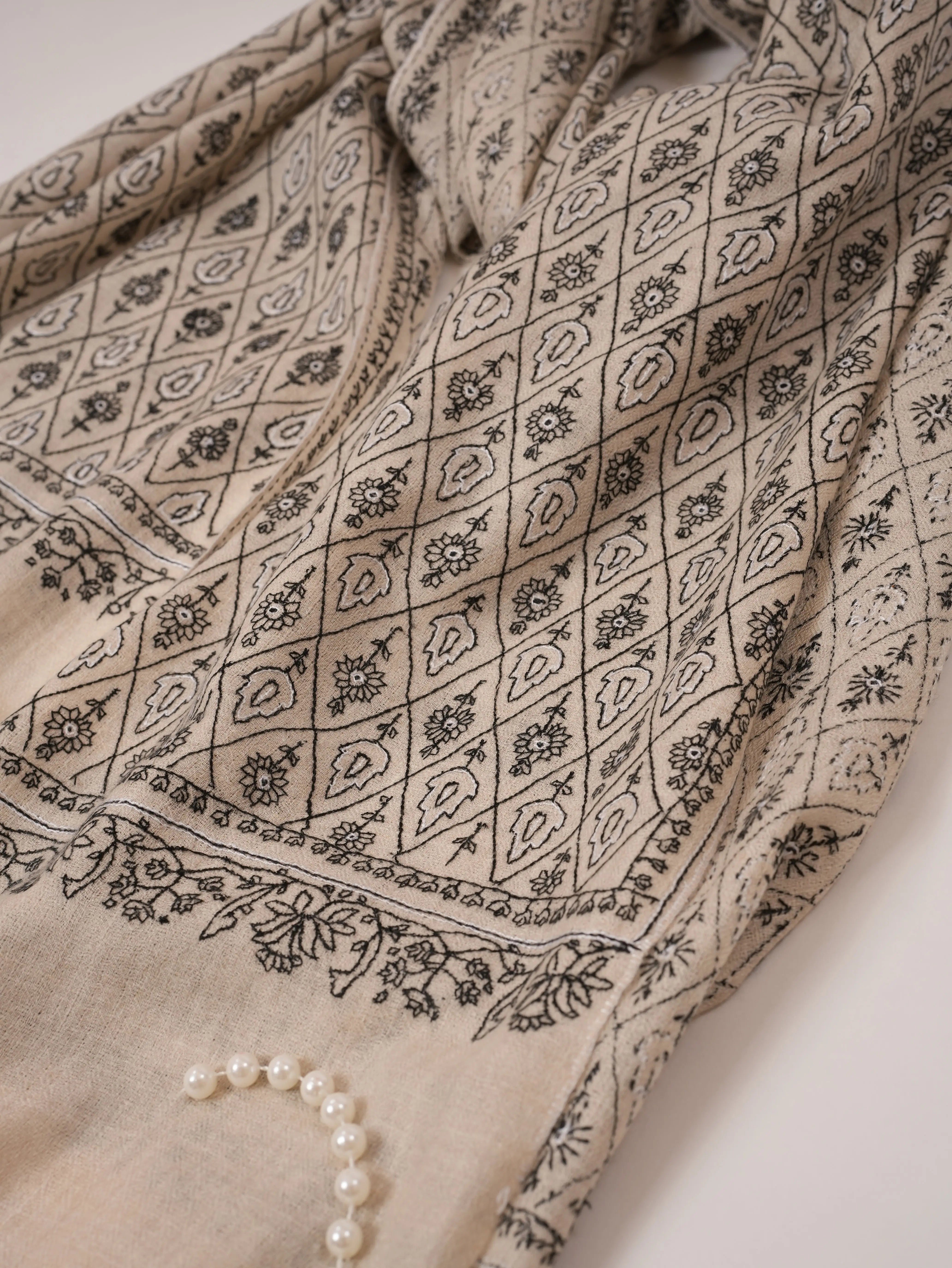 Natural Off White Hand Embroidered Cashmere Scarf with Black Embroidery Shahkaar.com