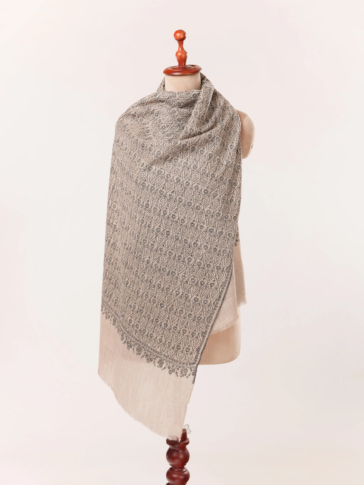 Handwoven Kashmiri Natural Taupe Scarf with Paisley Buteh Sozni Embroidery Shahkaar.com