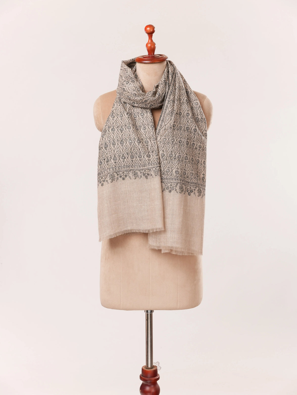 Handwoven Kashmiri Natural Taupe Scarf with Paisley Buteh Sozni Embroidery Shahkaar.com