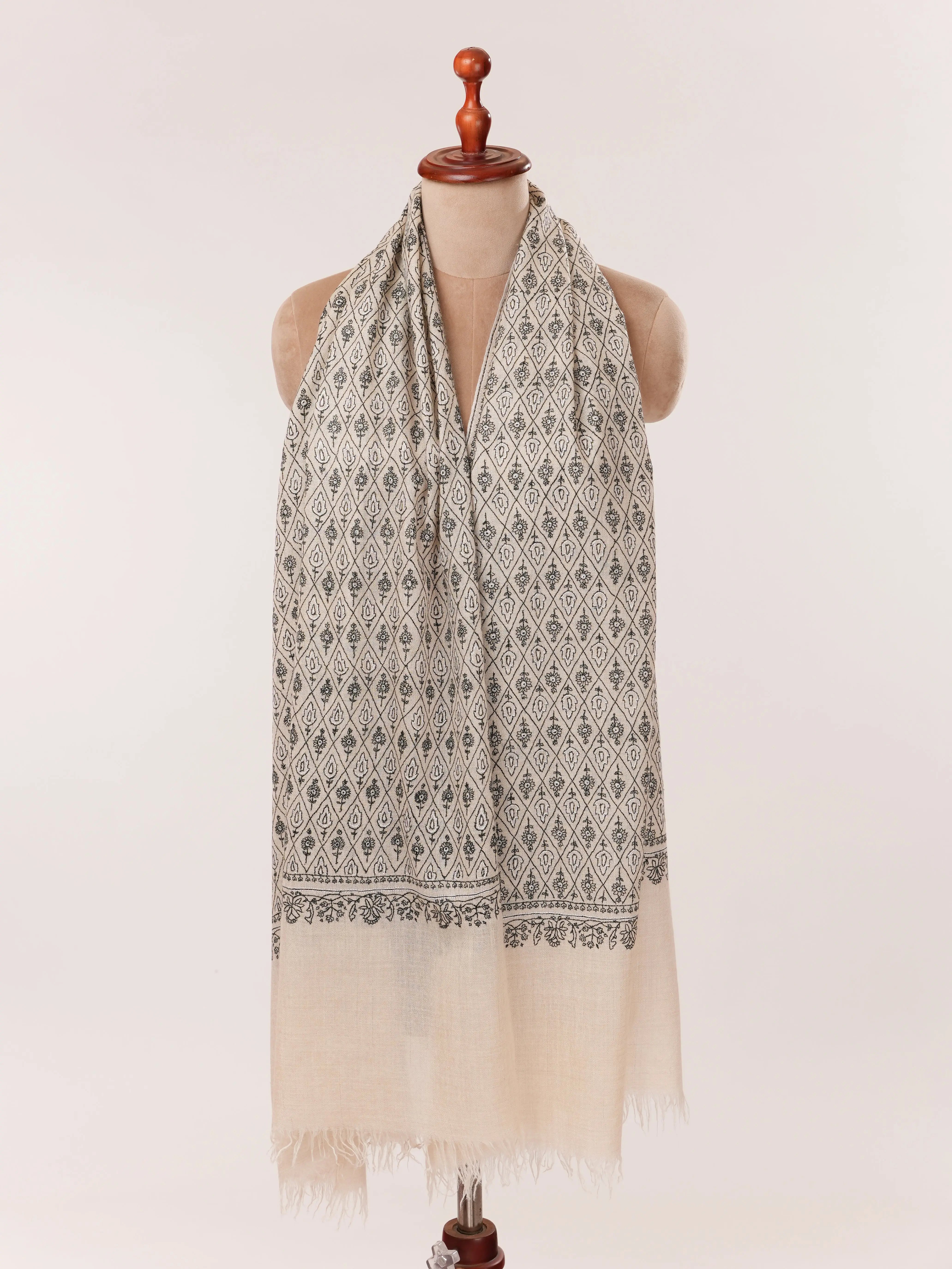 Natural Off White Hand Embroidered Cashmere Scarf with Black Embroidery Shahkaar.com