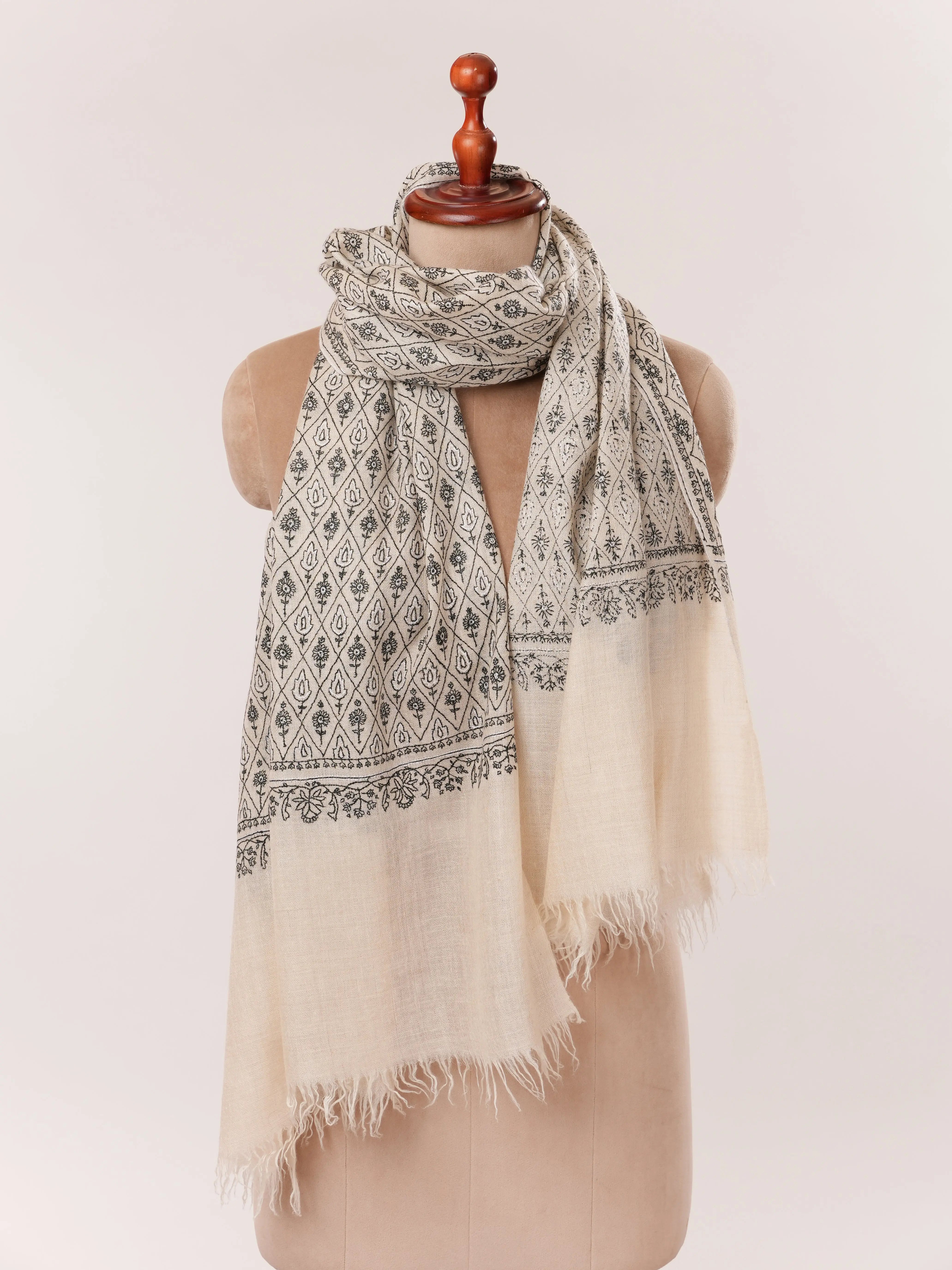 Natural Off White Hand Embroidered Cashmere Scarf with Black Embroidery Shahkaar.com